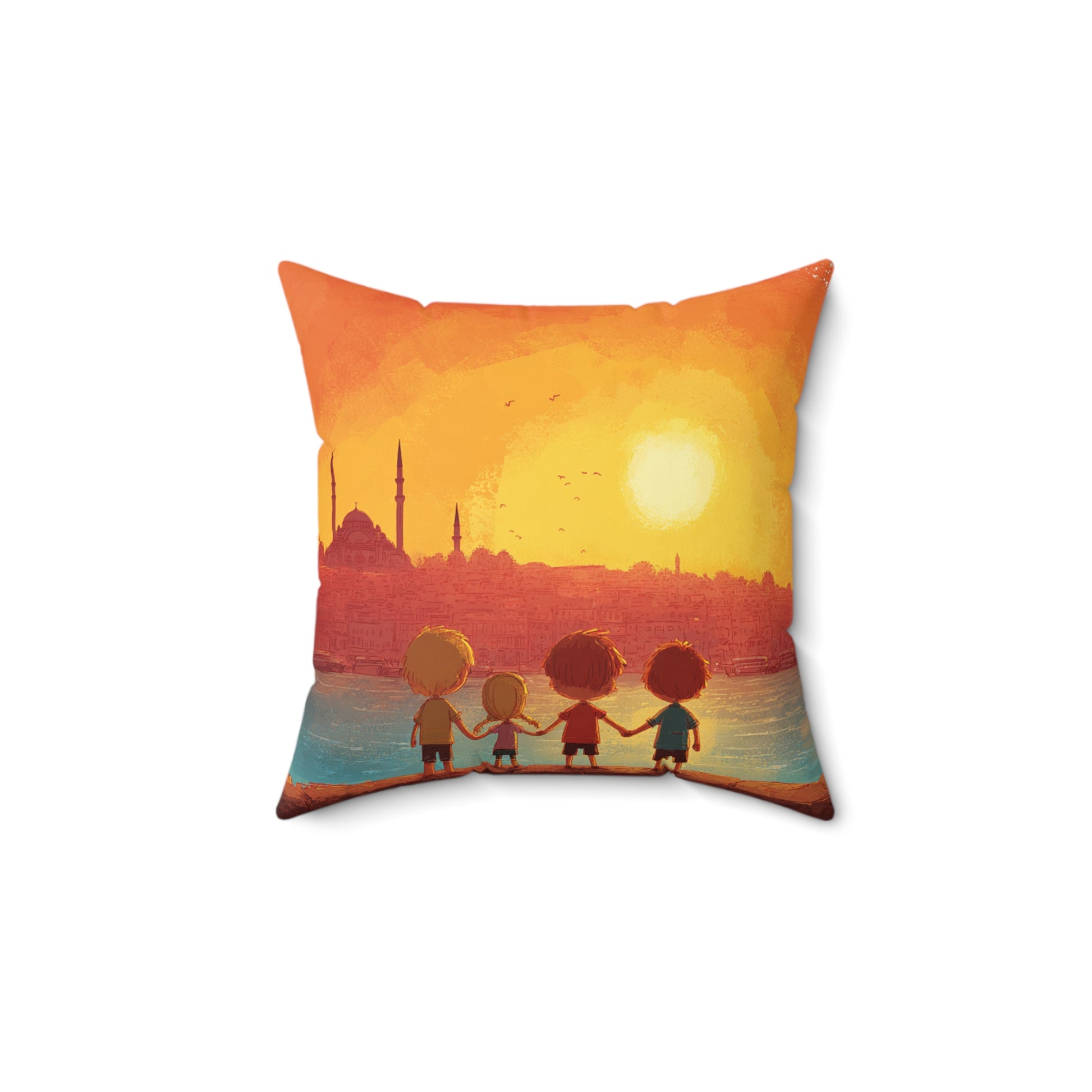 Jewish Kids Over Sunset Spun Polyester Square Pillow - American Zionist