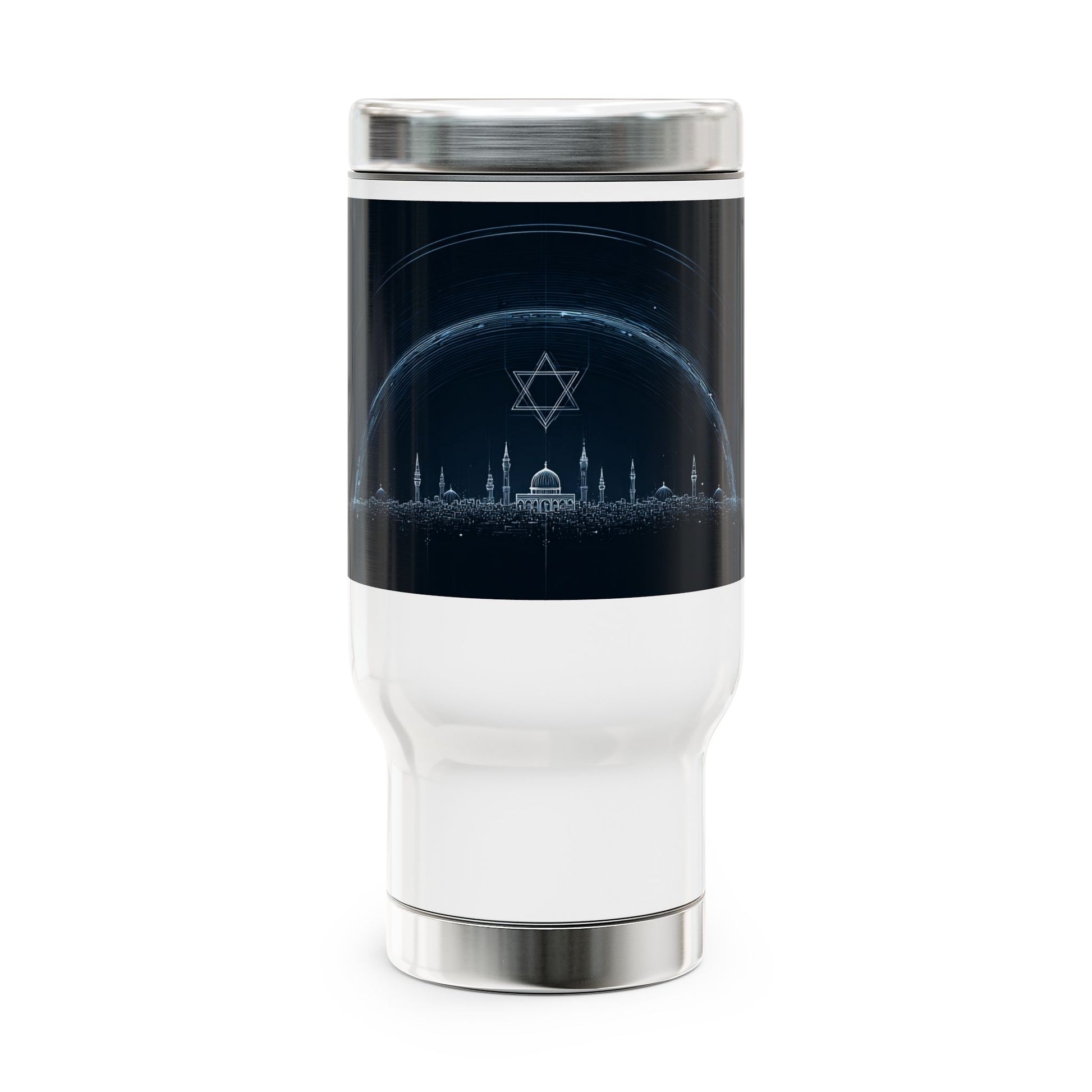 Futuristic City of Israel Stainless Steel Travel Mug with Handle, 14oz - American Zionist