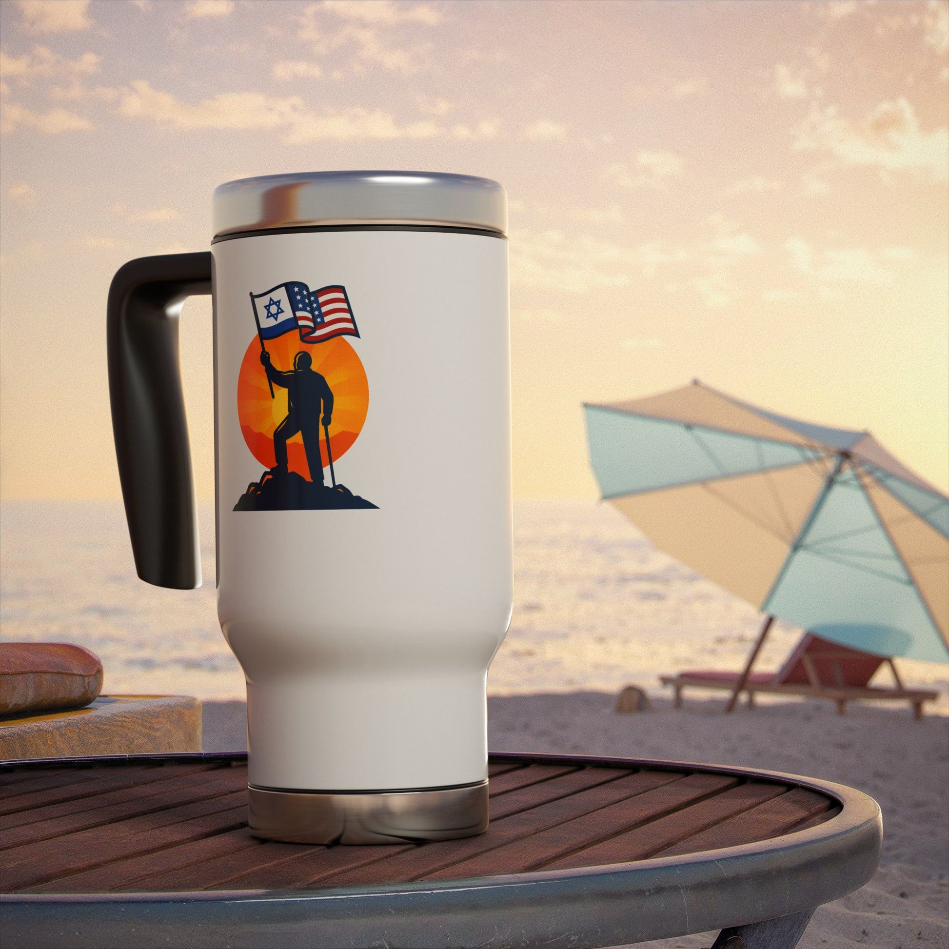 Grandpa Stands for Freedom Stainless Steel Travel Mug with Handle, 14oz - American Zionist