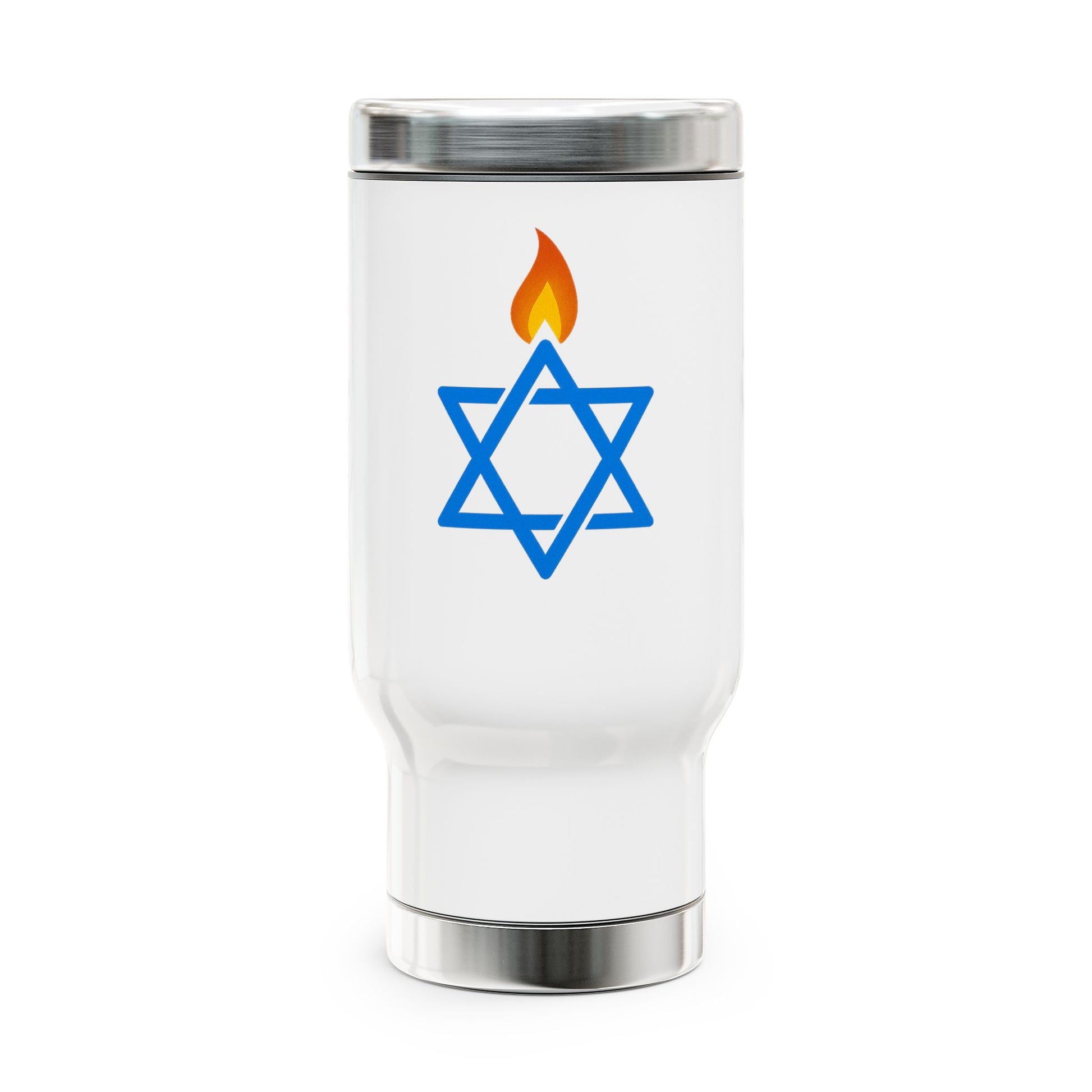Fire Stars Of David Stainless Steel Travel Mug with Handle, 14oz - American Zionist