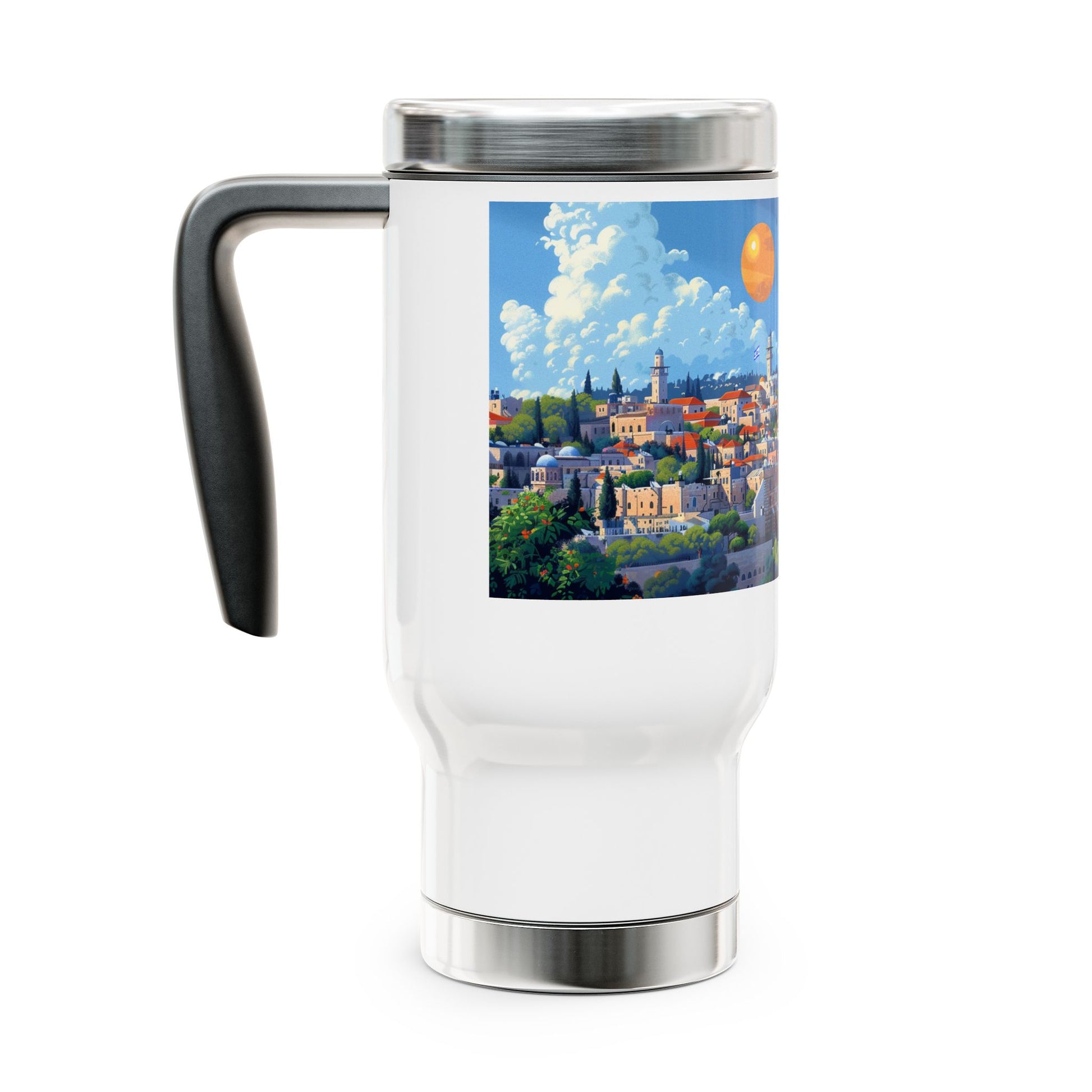 Jerusalem City Skyline Stainless Steel Travel Mug with Handle, 14oz - American Zionist