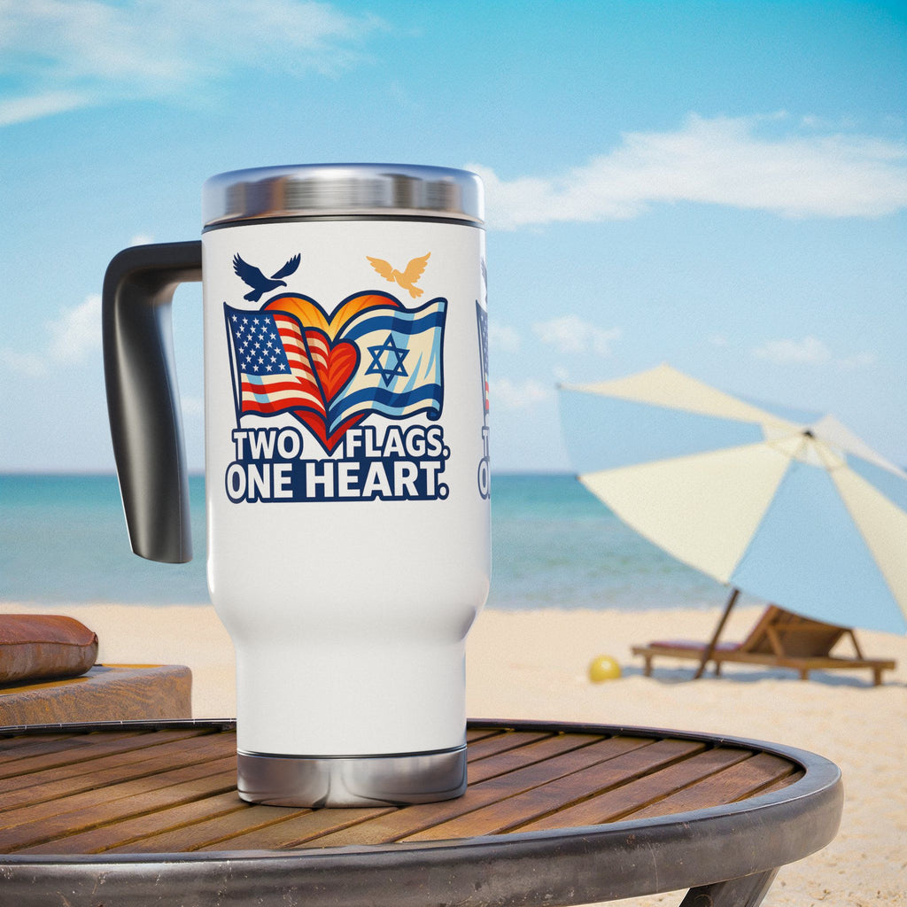 Two Flags. One Heart, Stainless Steel Travel Mug with Handle, 14oz - American Zionist