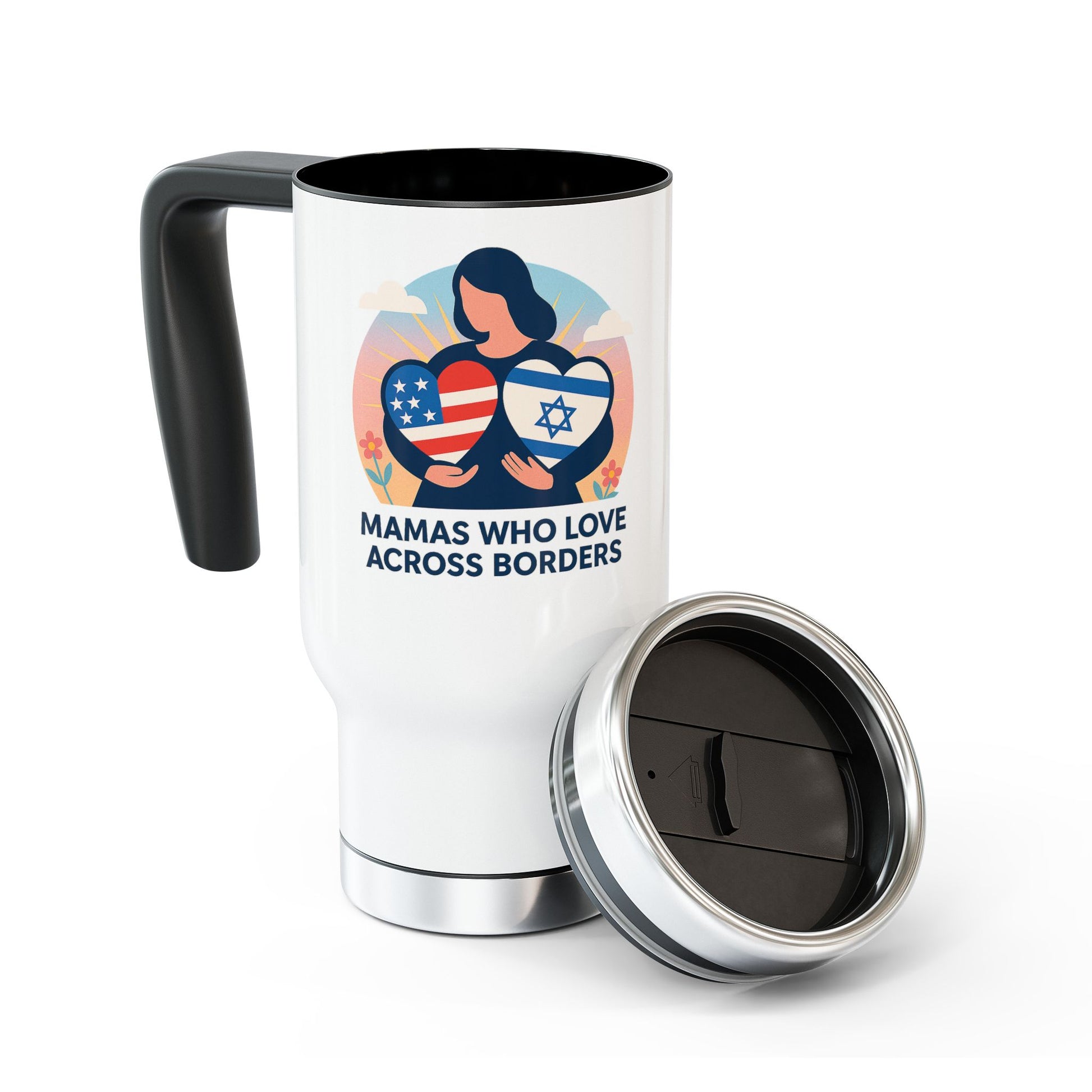 Mamas Who Love Across Borders, Stainless Steel Travel Mug with Handle, 14oz - American Zionist