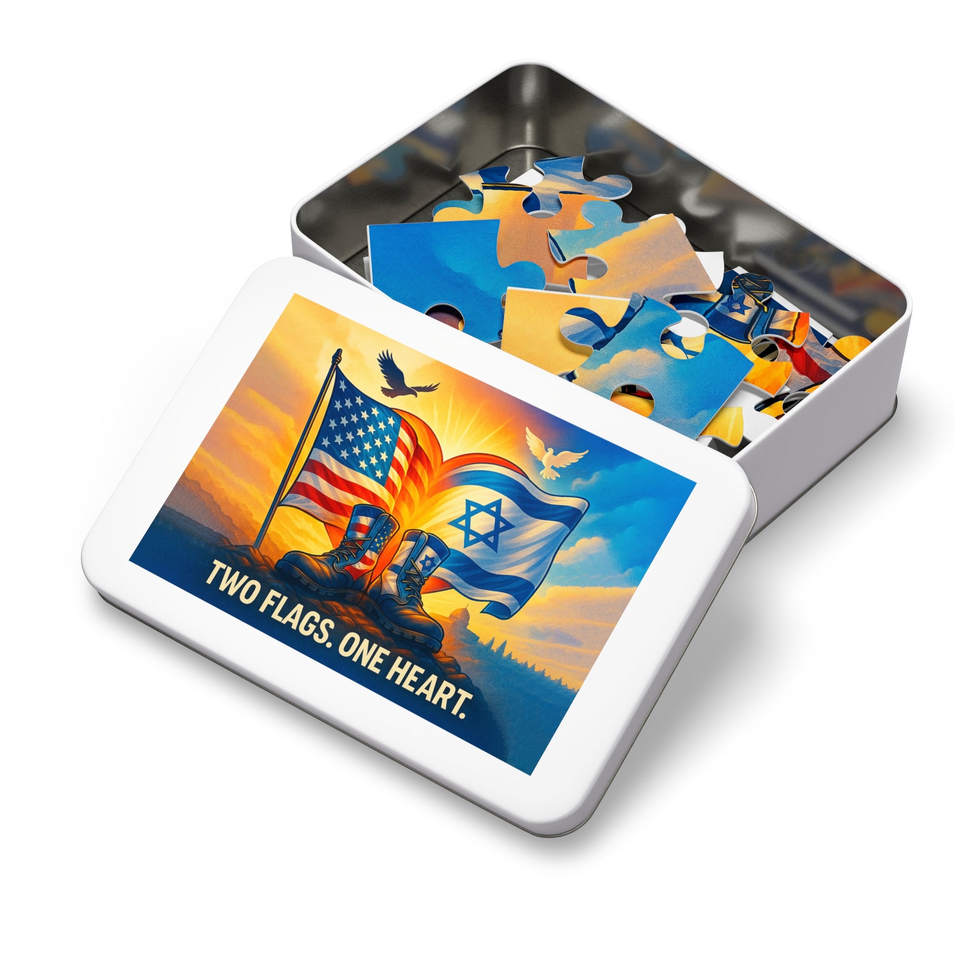 Two Flags One Heart Jigsaw Puzzle with Tin - American Zionist