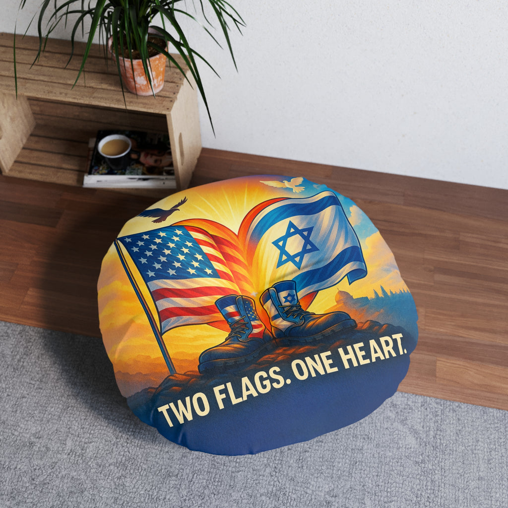 Two Flags One Heart Tufted Floor Pillow, Round - American Zionist