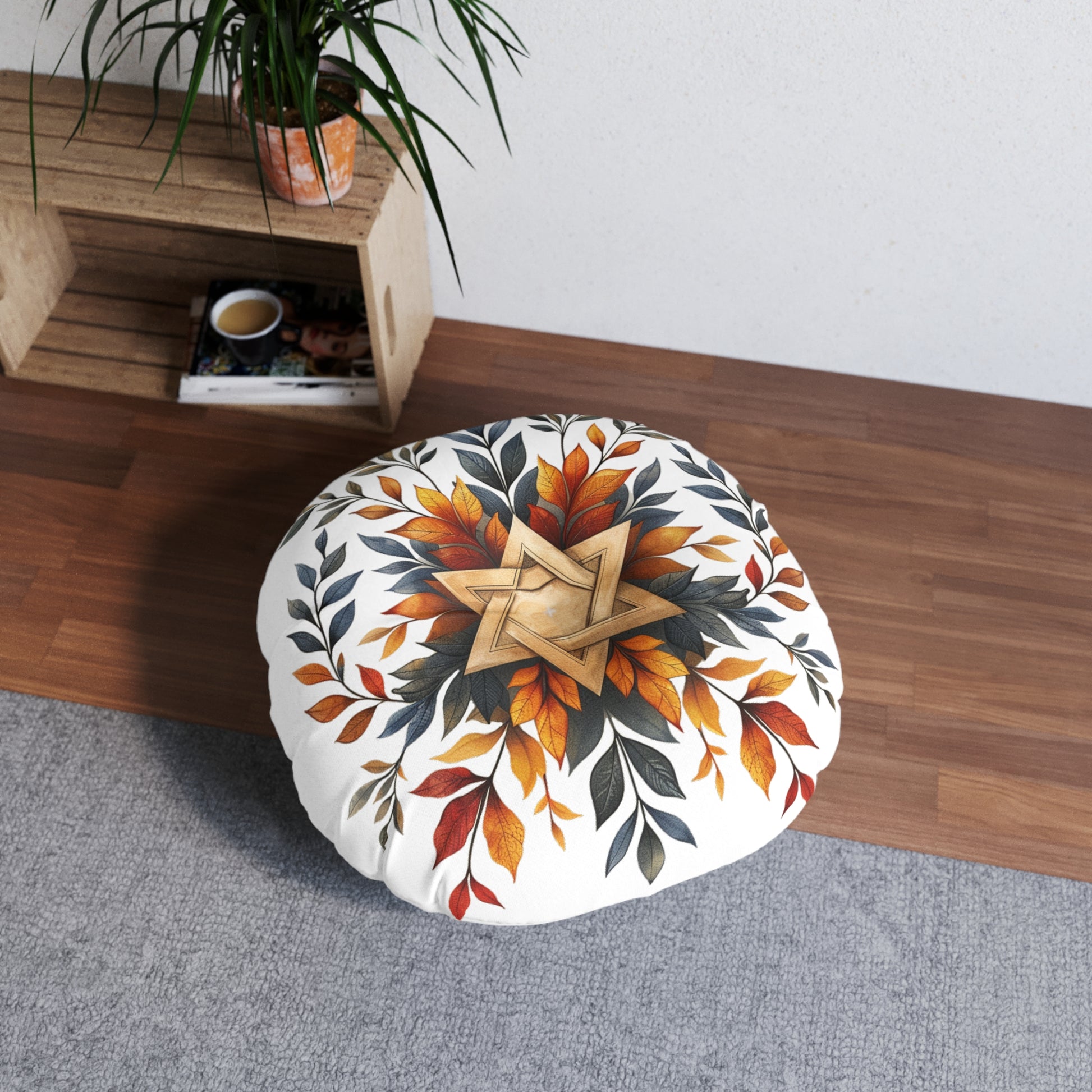 Star Of David Wreath Tufted Floor Pillow, Round - American Zionist