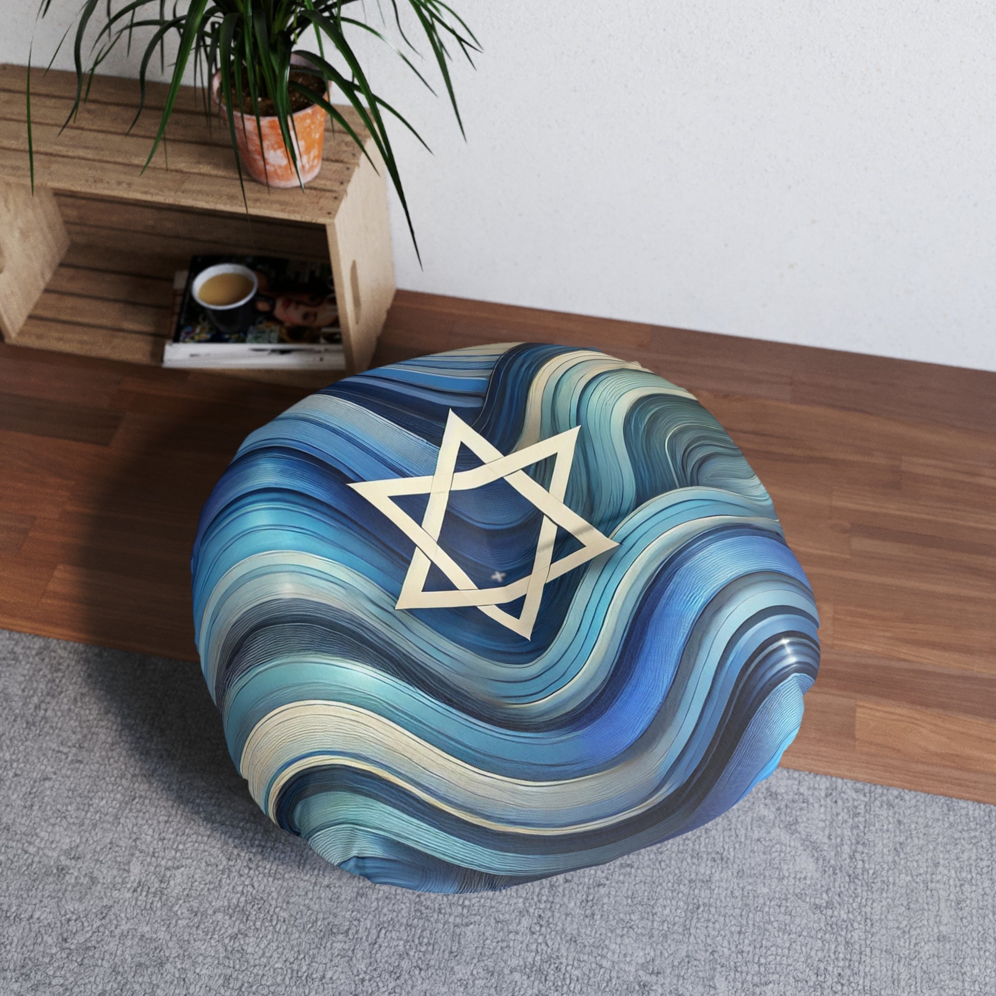 Blue Wave Star Flow Tufted Floor Pillow, Round - American Zionist