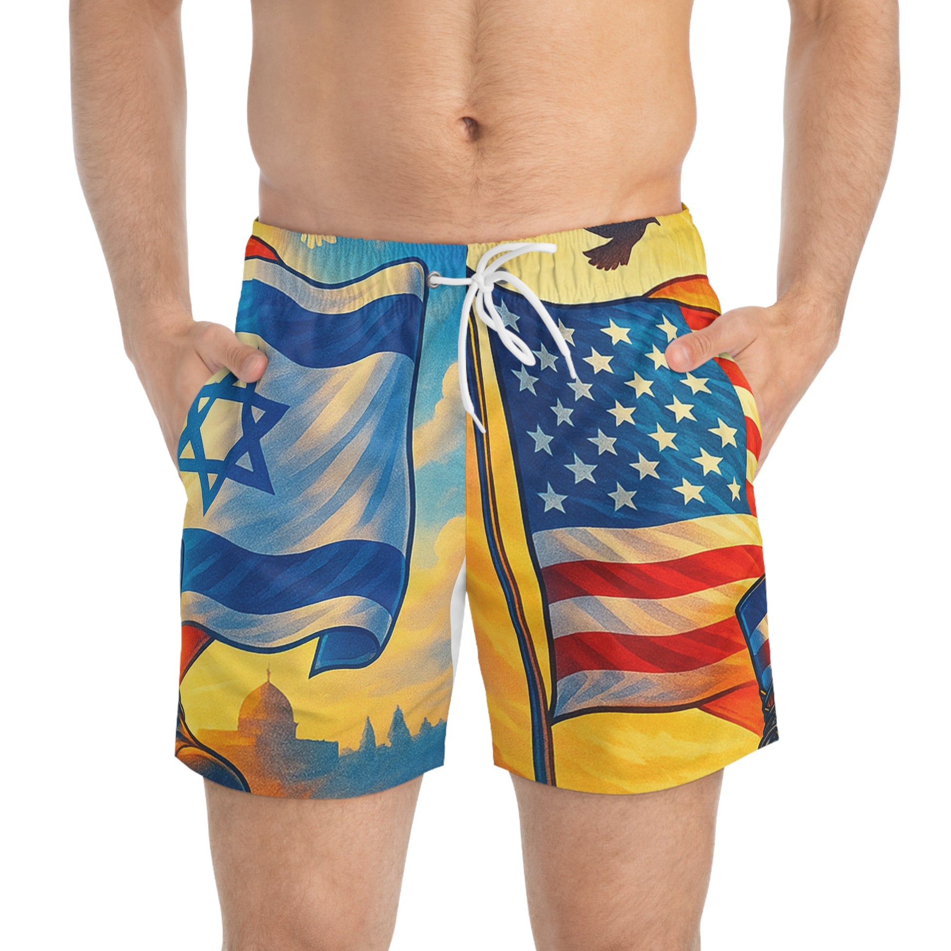 Two Flags. One Heart Swim Trunks (AOP) - American Zionist