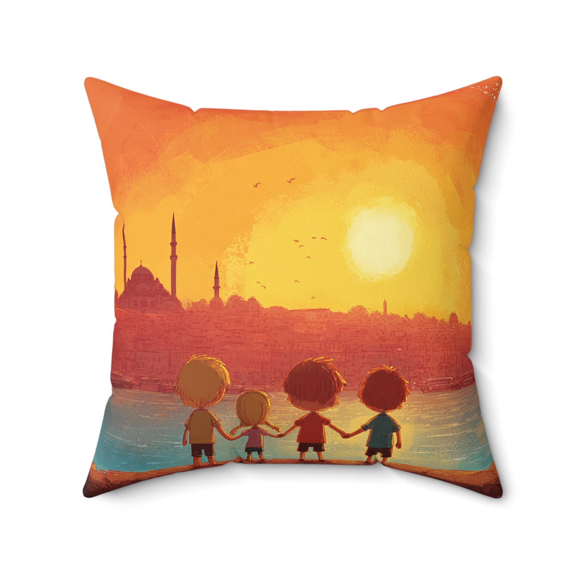 Jewish Kids Over Sunset Spun Polyester Square Pillow - American Zionist