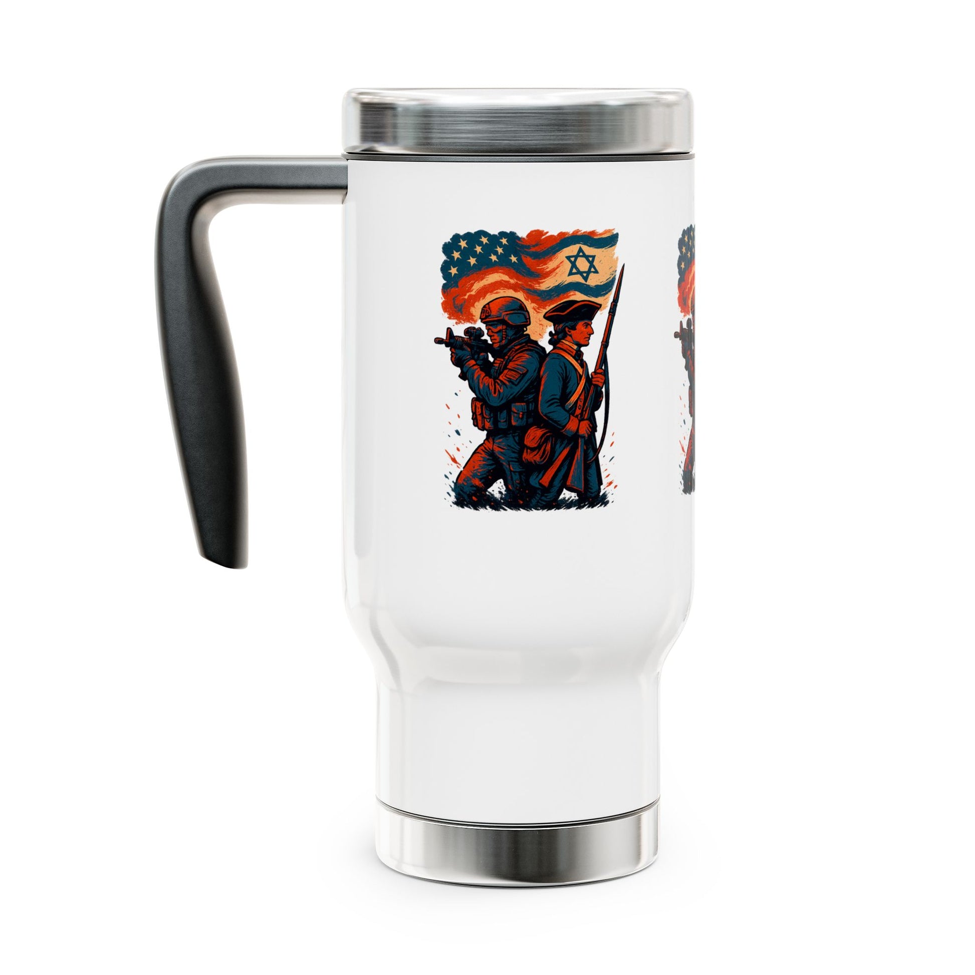 Defenders Across Generations Stainless Steel Travel Mug with Handle, 14oz - American Zionist