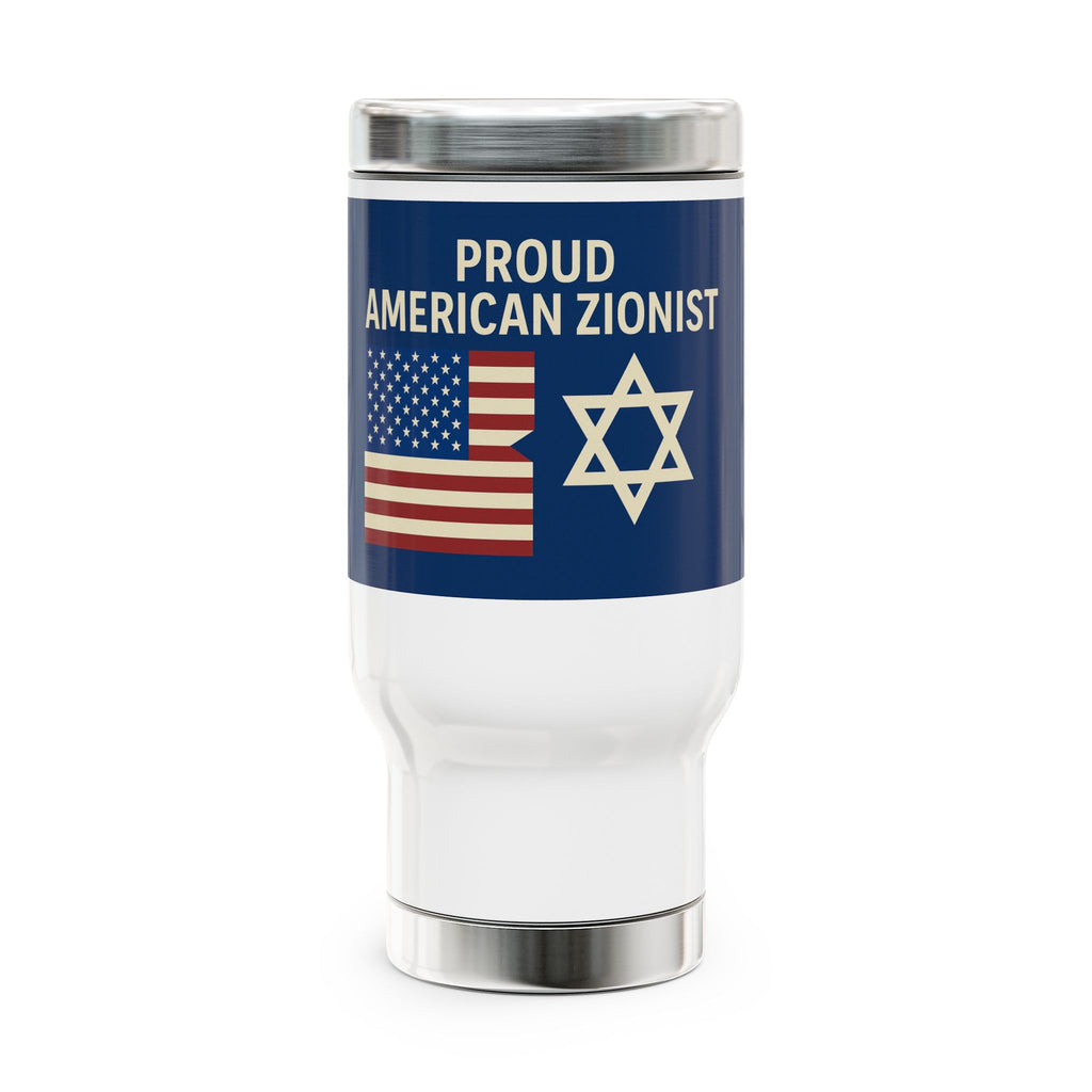 Blue Proud American Zionist Stainless Steel Travel Mug with Handle, 14oz - American Zionist