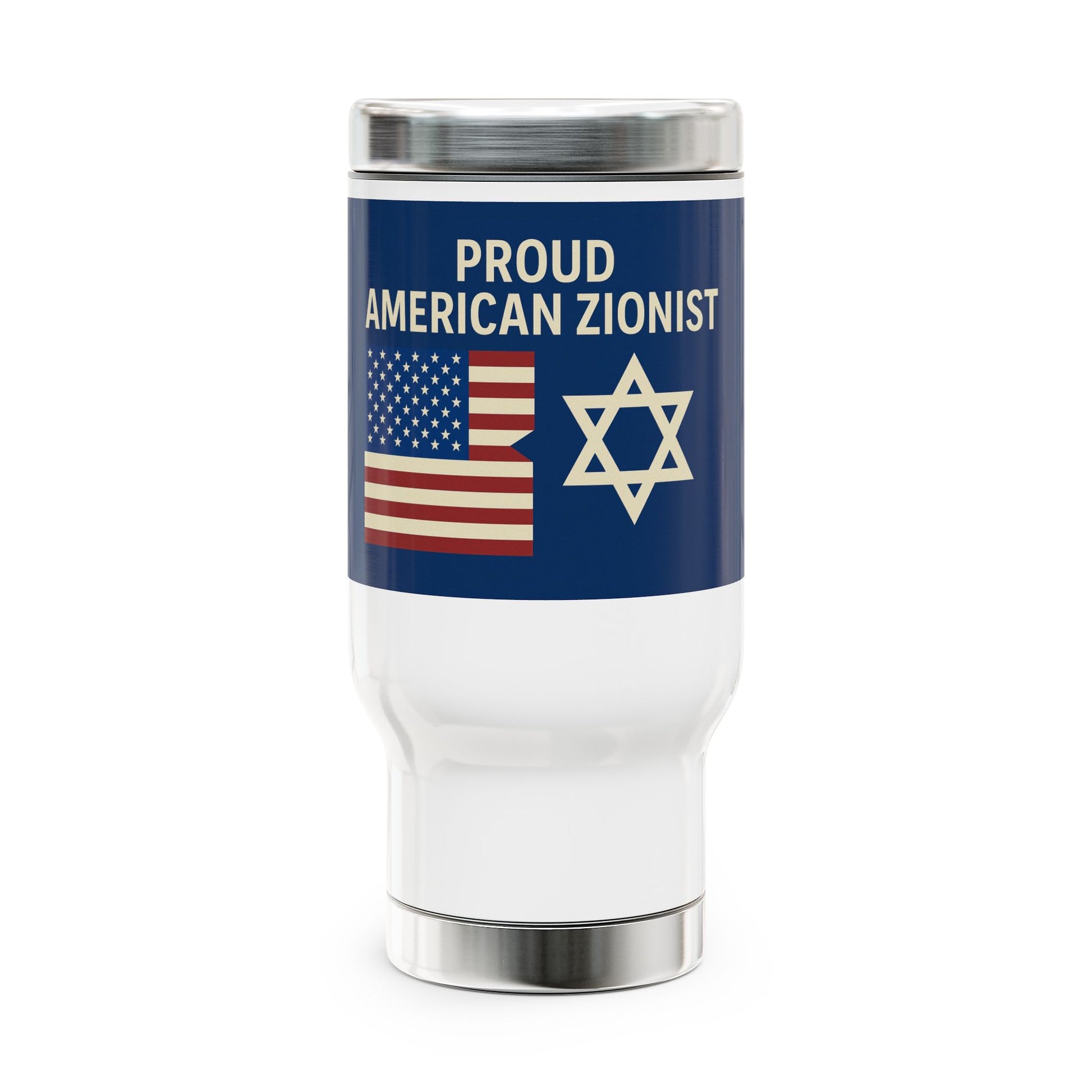 Blue Proud American Zionist Stainless Steel Travel Mug with Handle, 14oz - American Zionist