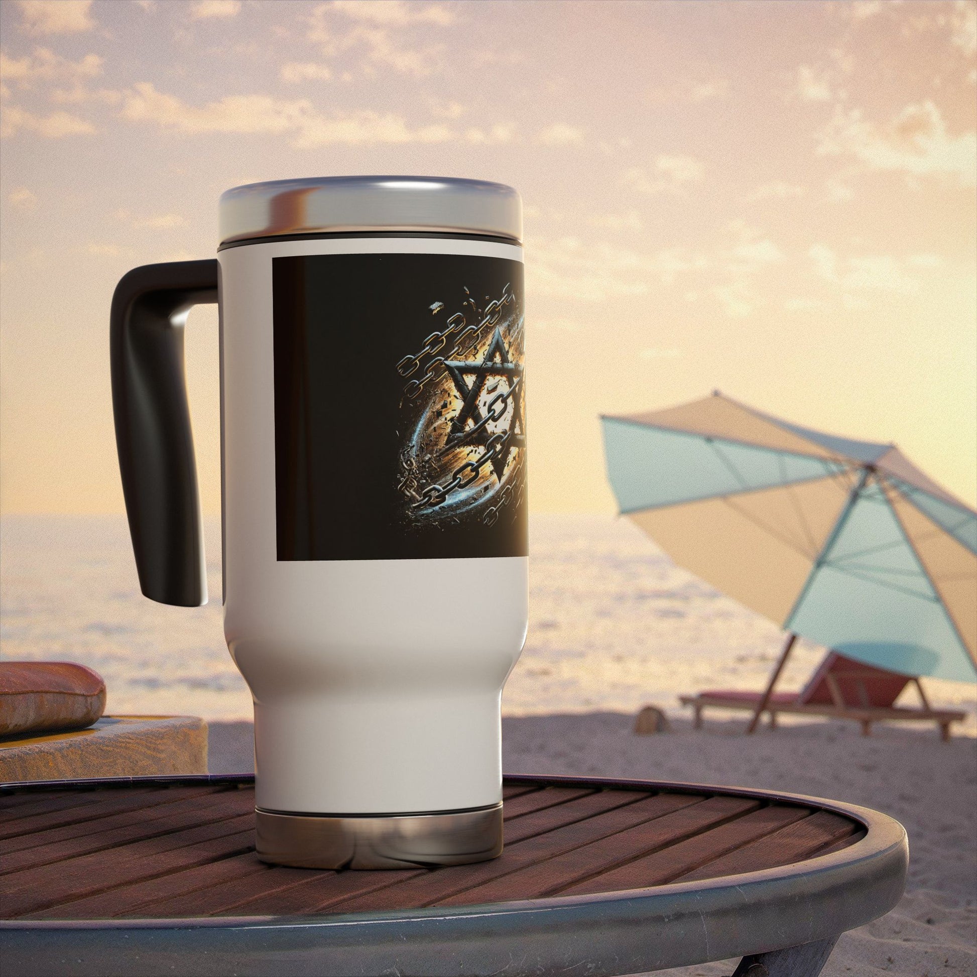 Galaxy Star of David Stainless Steel Travel Mug with Handle, 14oz - American Zionist