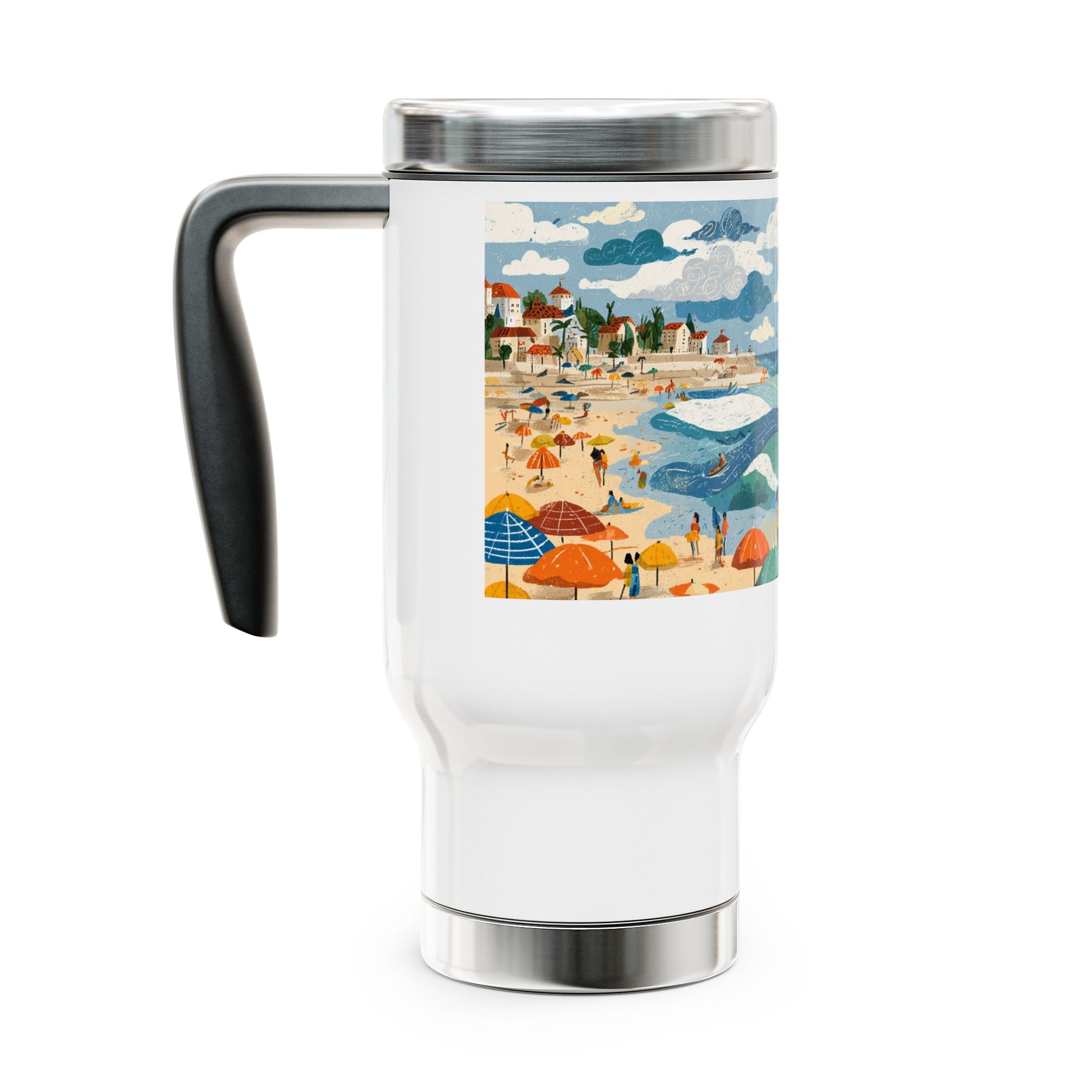 Tel Aviv Beach Stainless Steel Travel Mug with Handle, 14oz - American Zionist