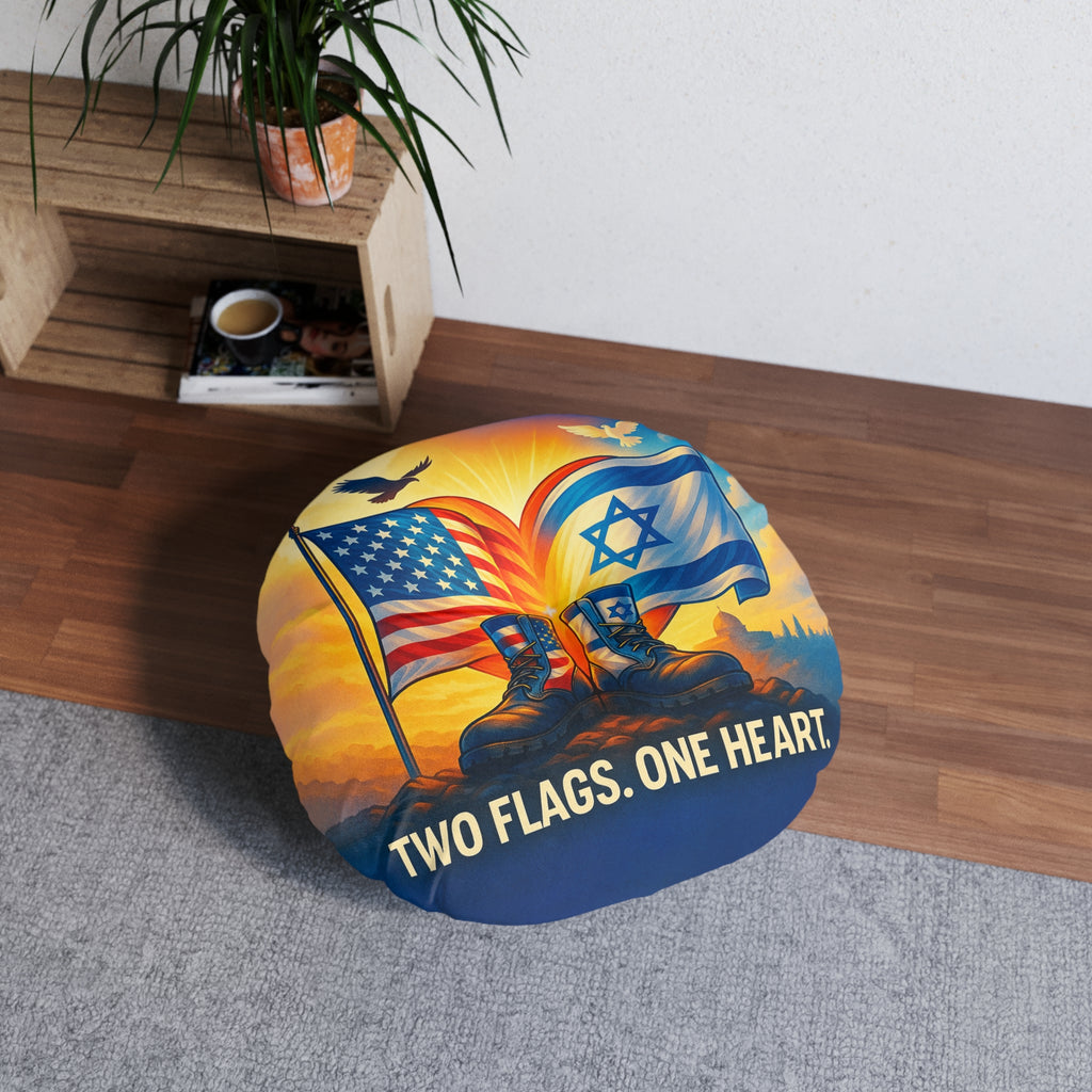 Two Flags One Heart Tufted Floor Pillow, Round - American Zionist