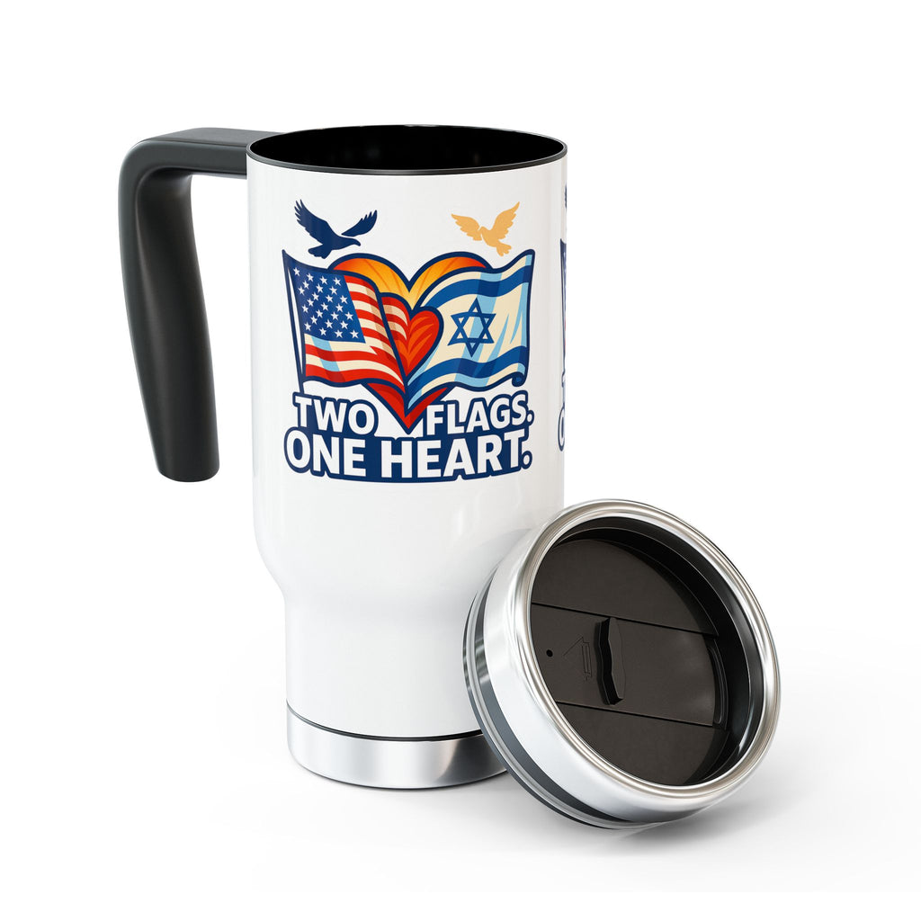 Two Flags. One Heart, Stainless Steel Travel Mug with Handle, 14oz - American Zionist