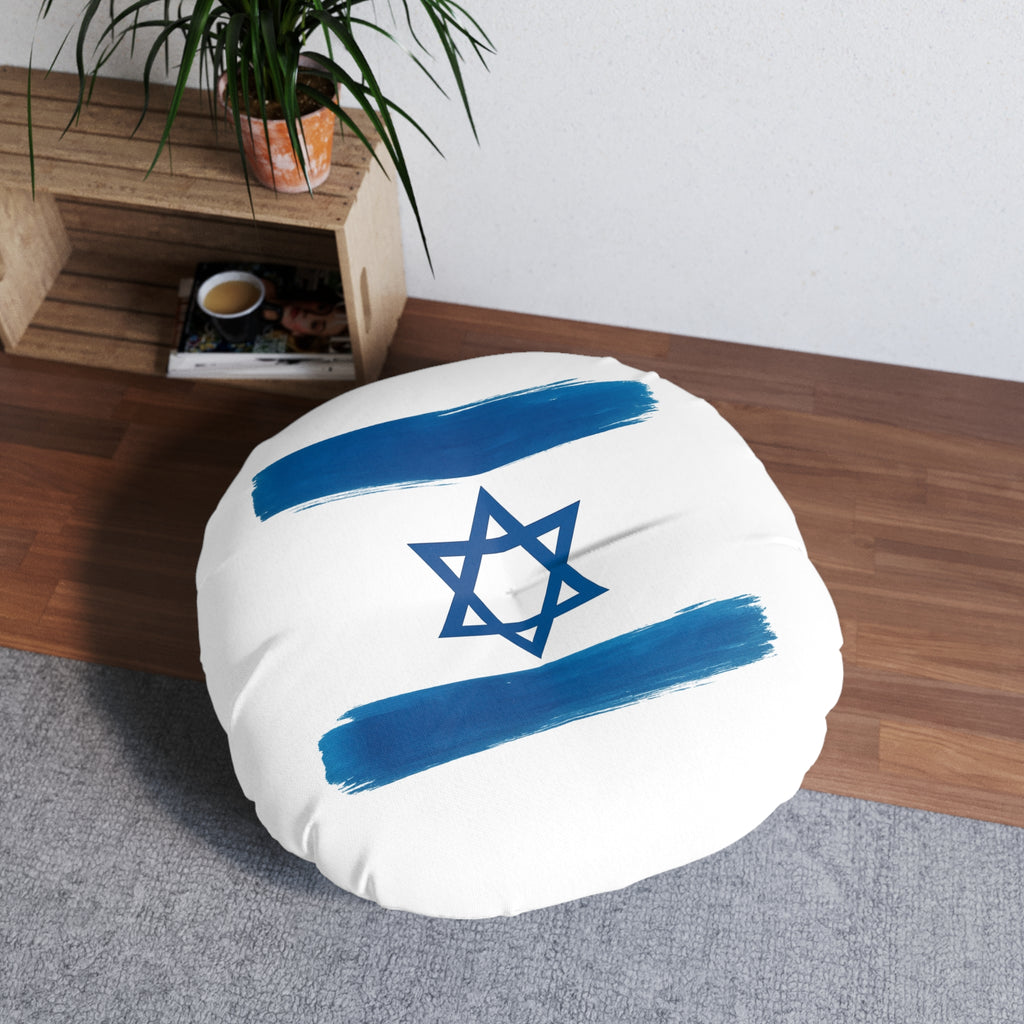 Blue Stars Of David Tufted Floor Pillow, Round - American Zionist