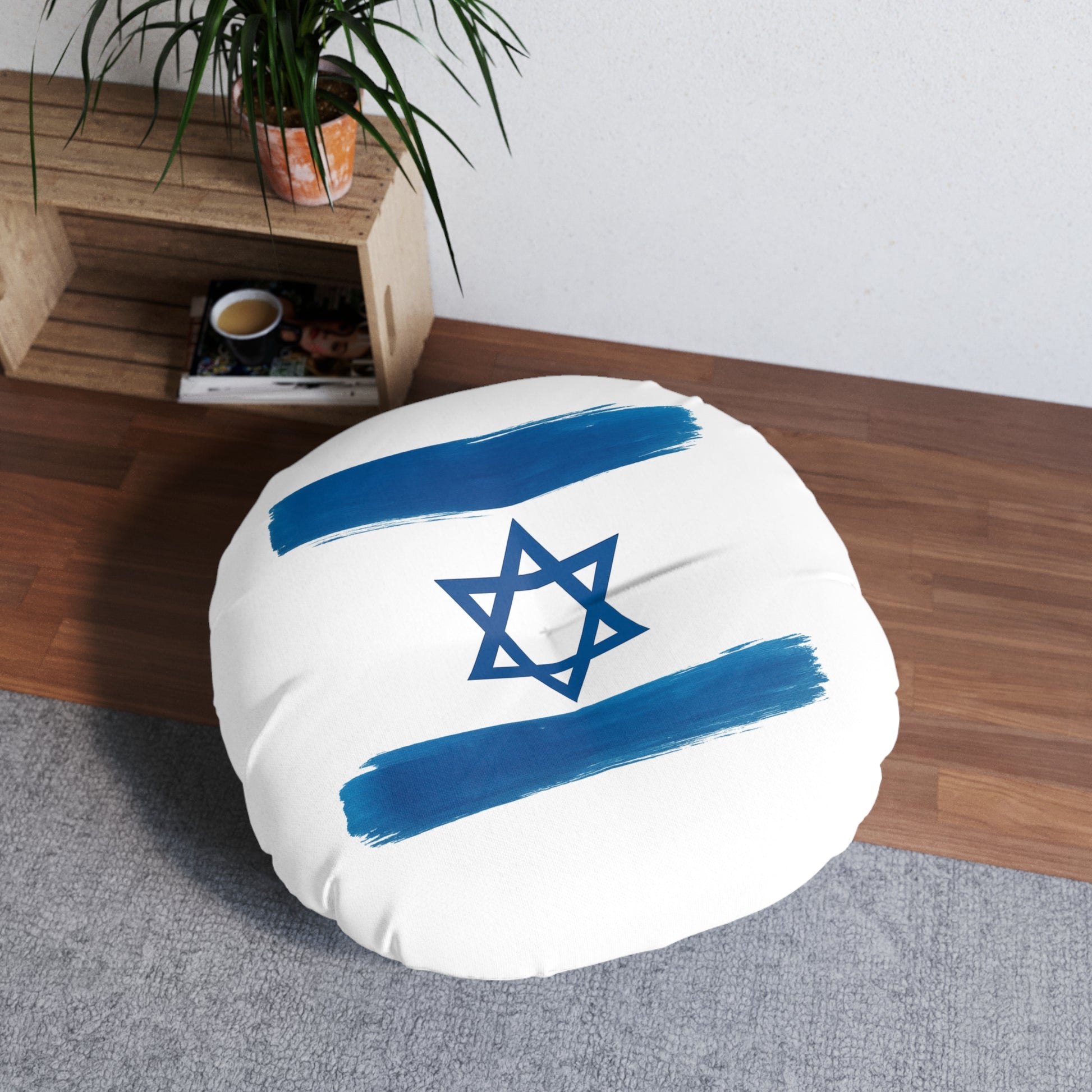 Blue Stars Of David Tufted Floor Pillow, Round - American Zionist