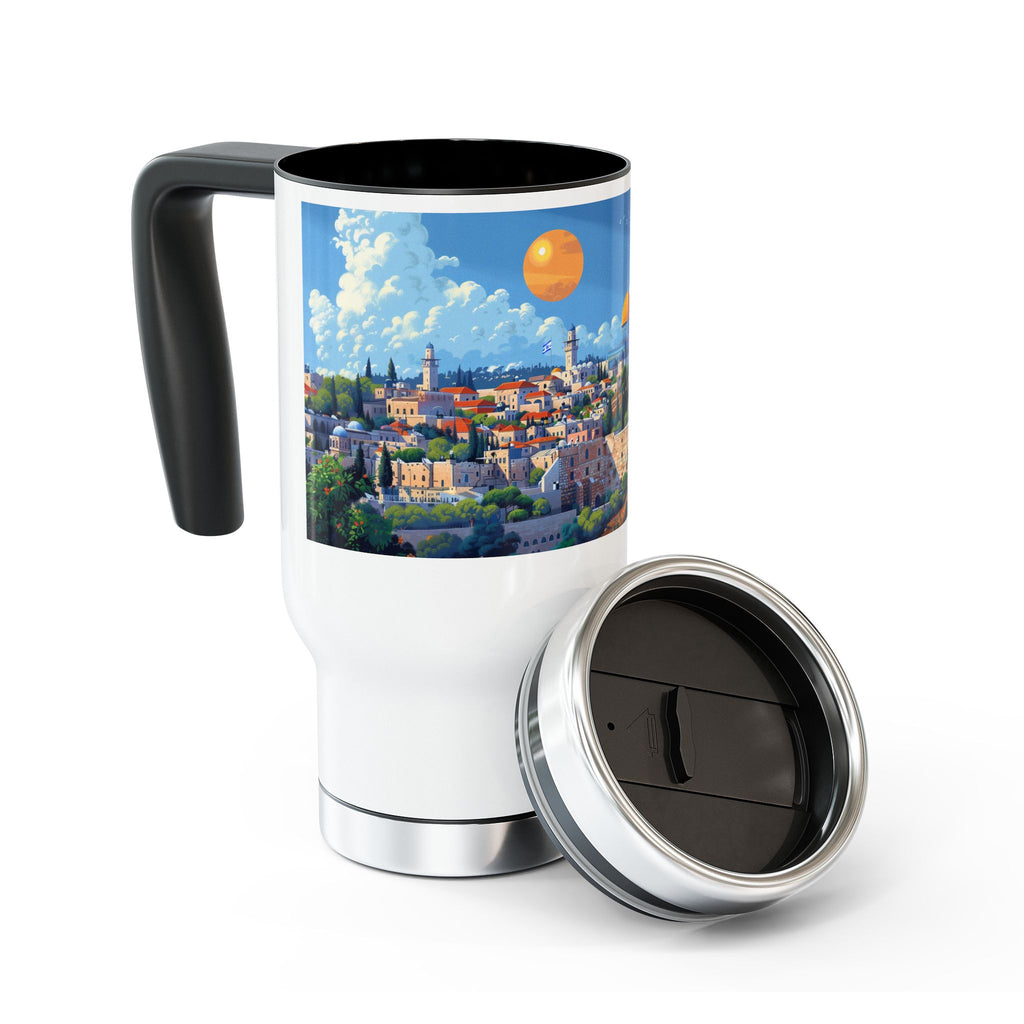 Jerusalem City Skyline Stainless Steel Travel Mug with Handle, 14oz - American Zionist