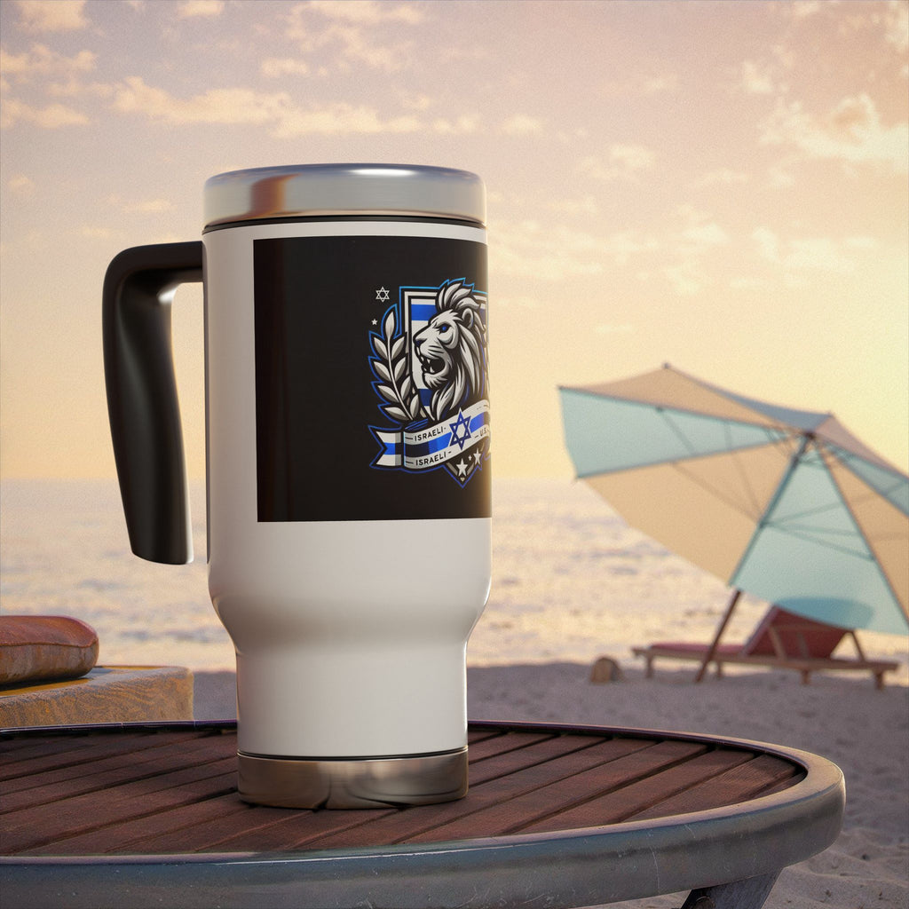 Lion of Judah Crest Stainless Steel Travel Mug with Handle, 14oz - American Zionist