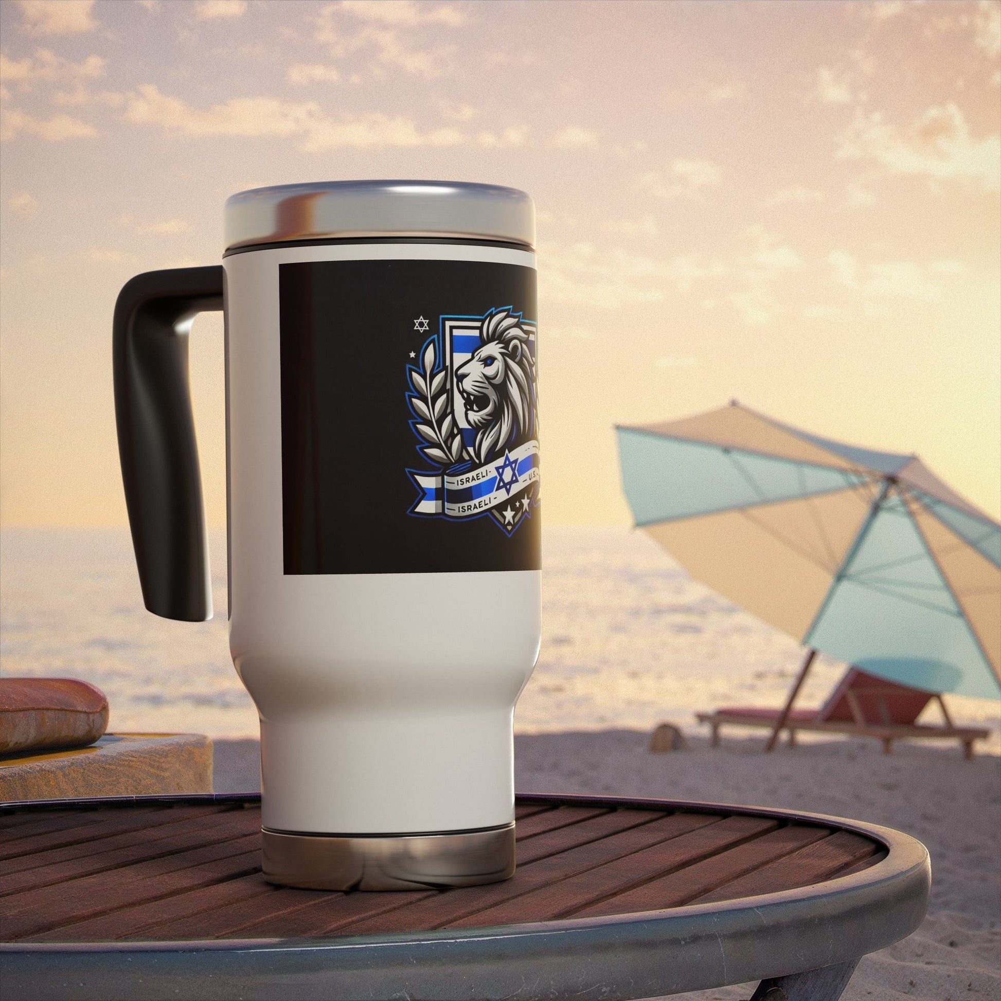 Lion of Judah Crest Stainless Steel Travel Mug with Handle, 14oz - American Zionist