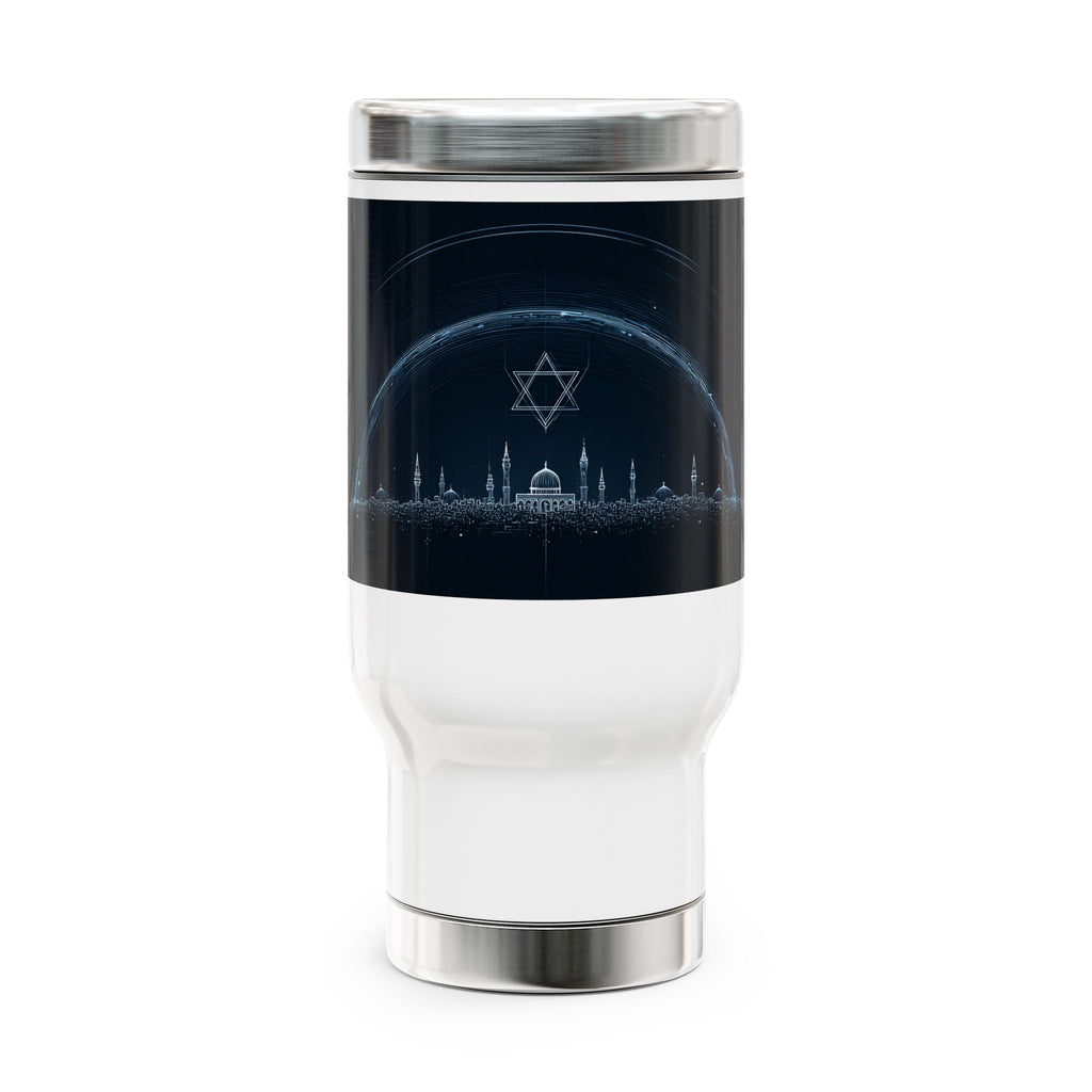 Futuristic City of Israel Stainless Steel Travel Mug with Handle, 14oz - American Zionist
