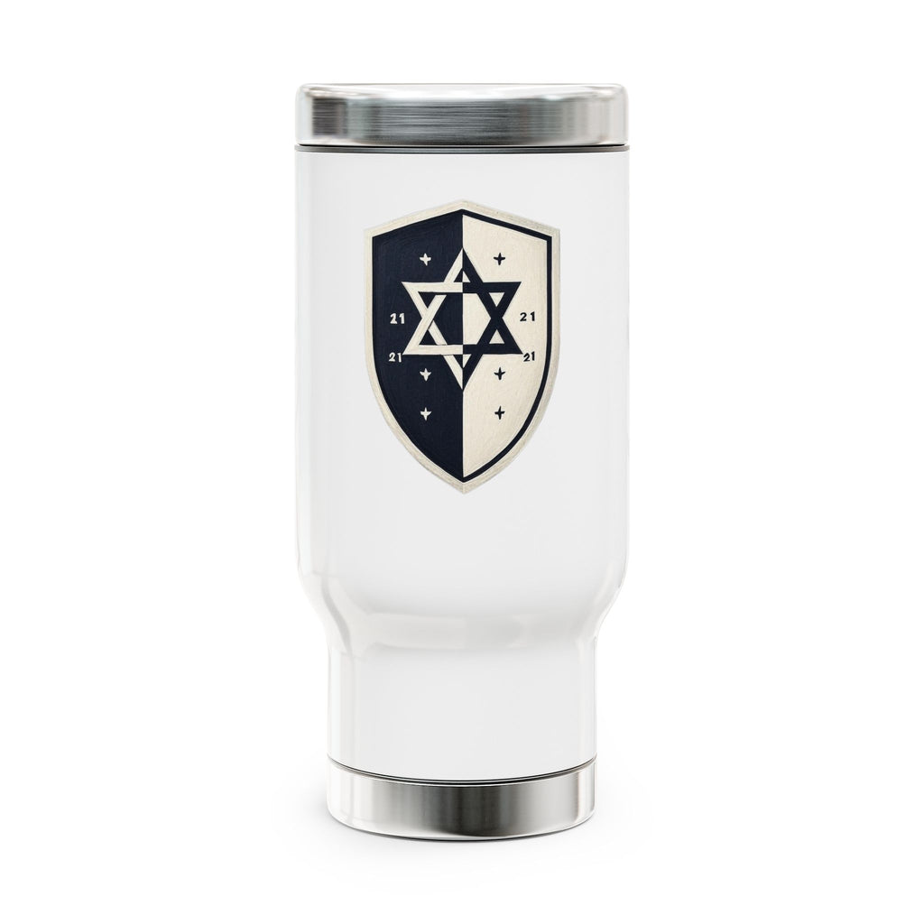 Black and White Shield Stainless Steel Travel Mug with Handle, 14oz - American Zionist