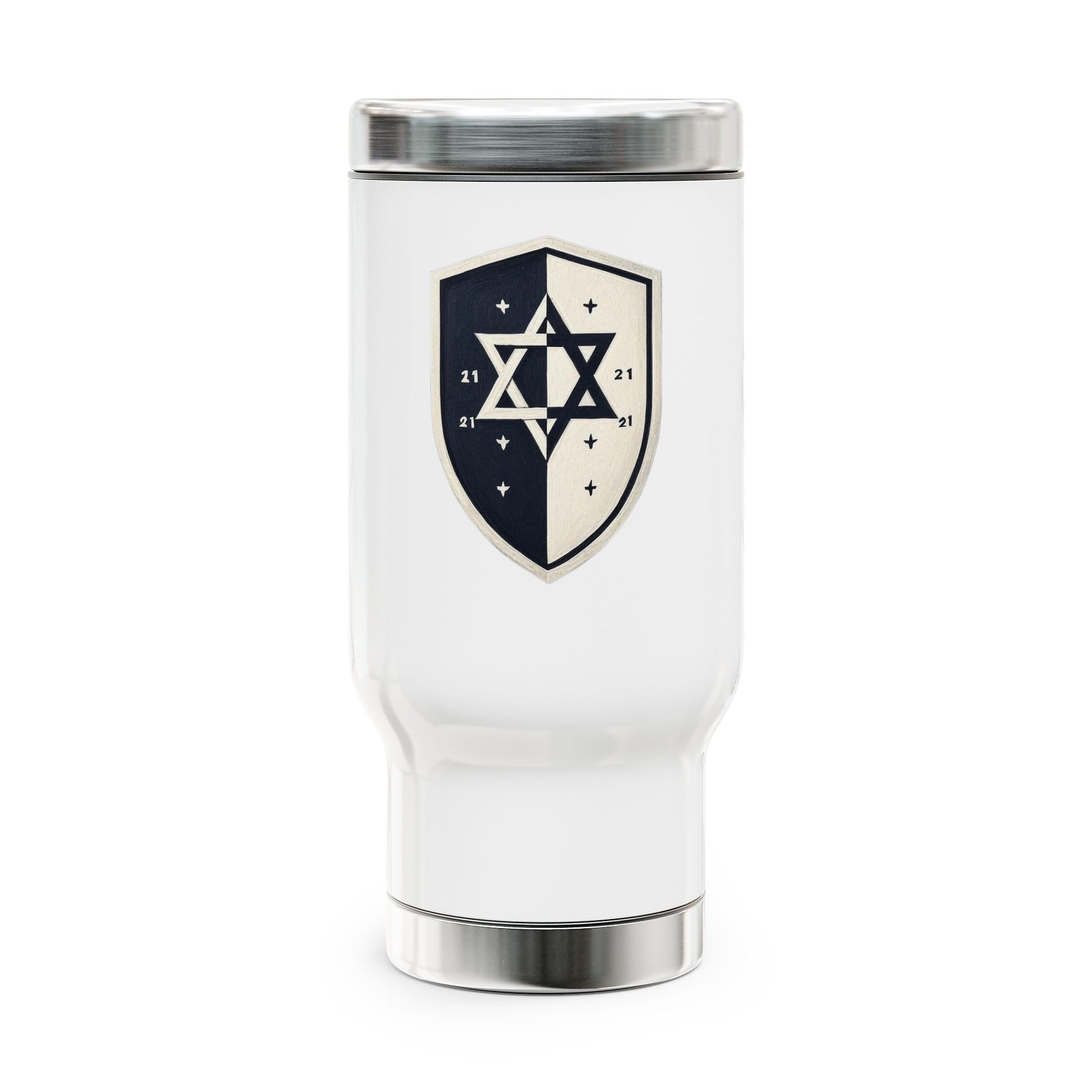 Black and White Shield Stainless Steel Travel Mug with Handle, 14oz - American Zionist