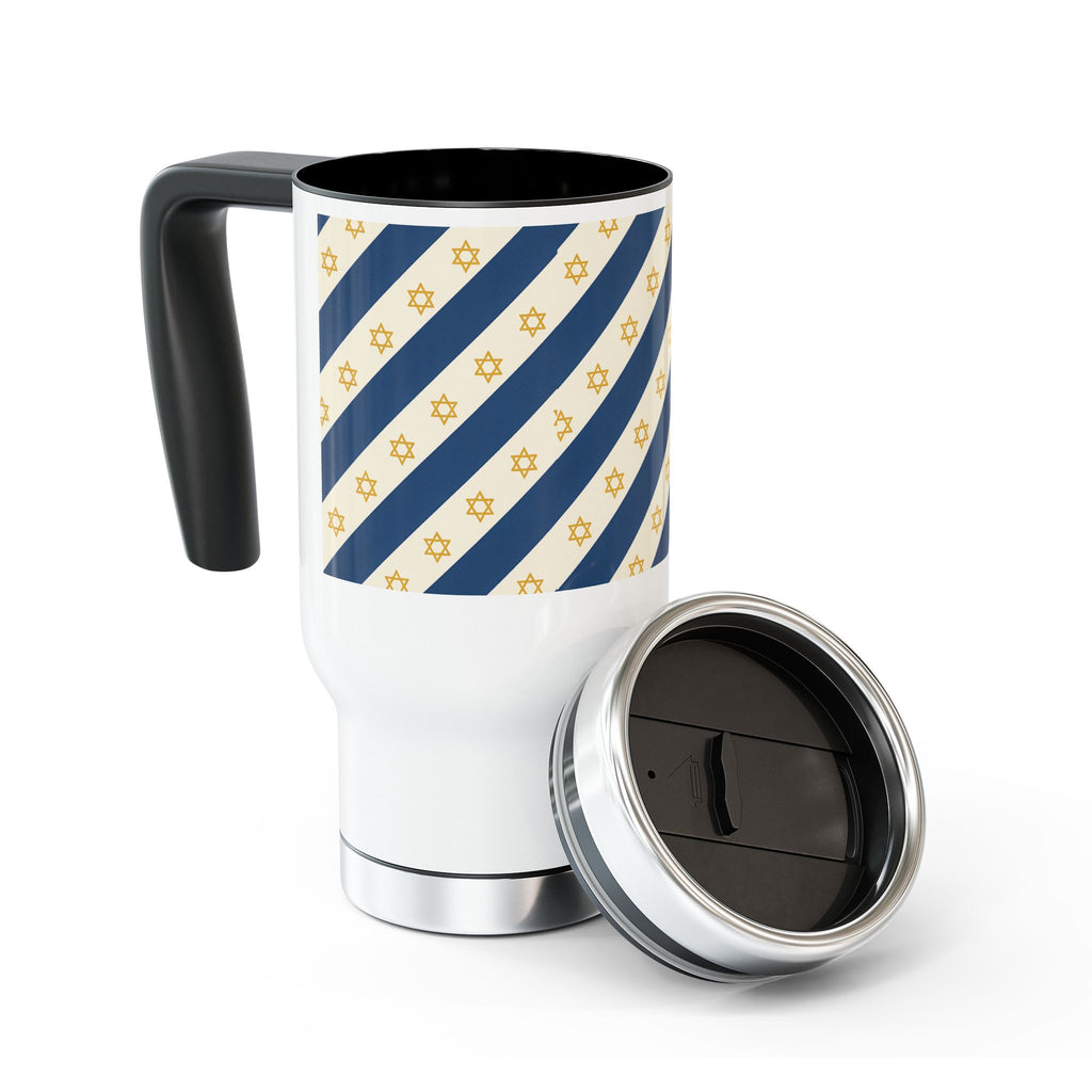 Israel Regalia Stripe Stainless Steel Travel Mug with Handle, 14oz - American Zionist