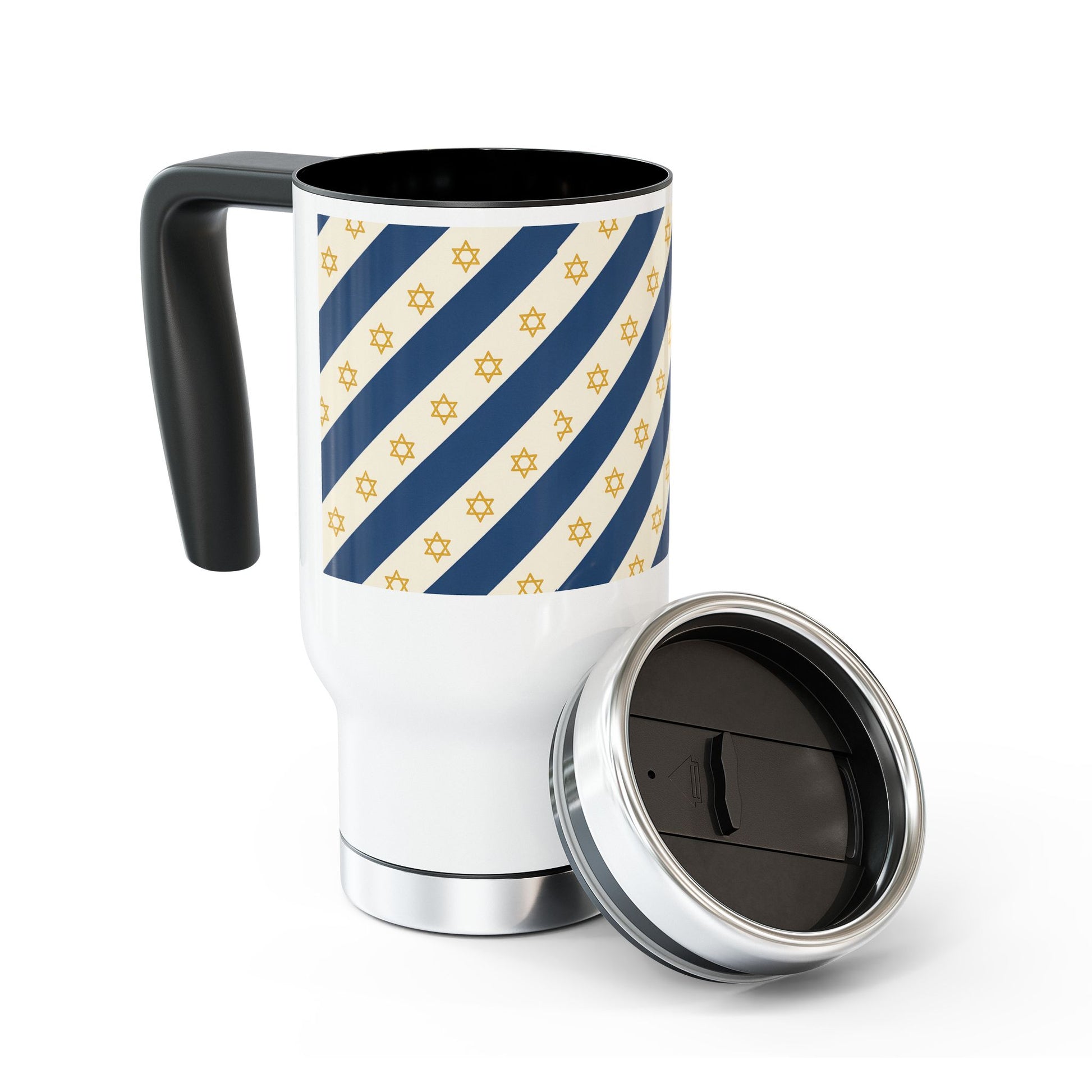 Israel Regalia Stripe Stainless Steel Travel Mug with Handle, 14oz - American Zionist