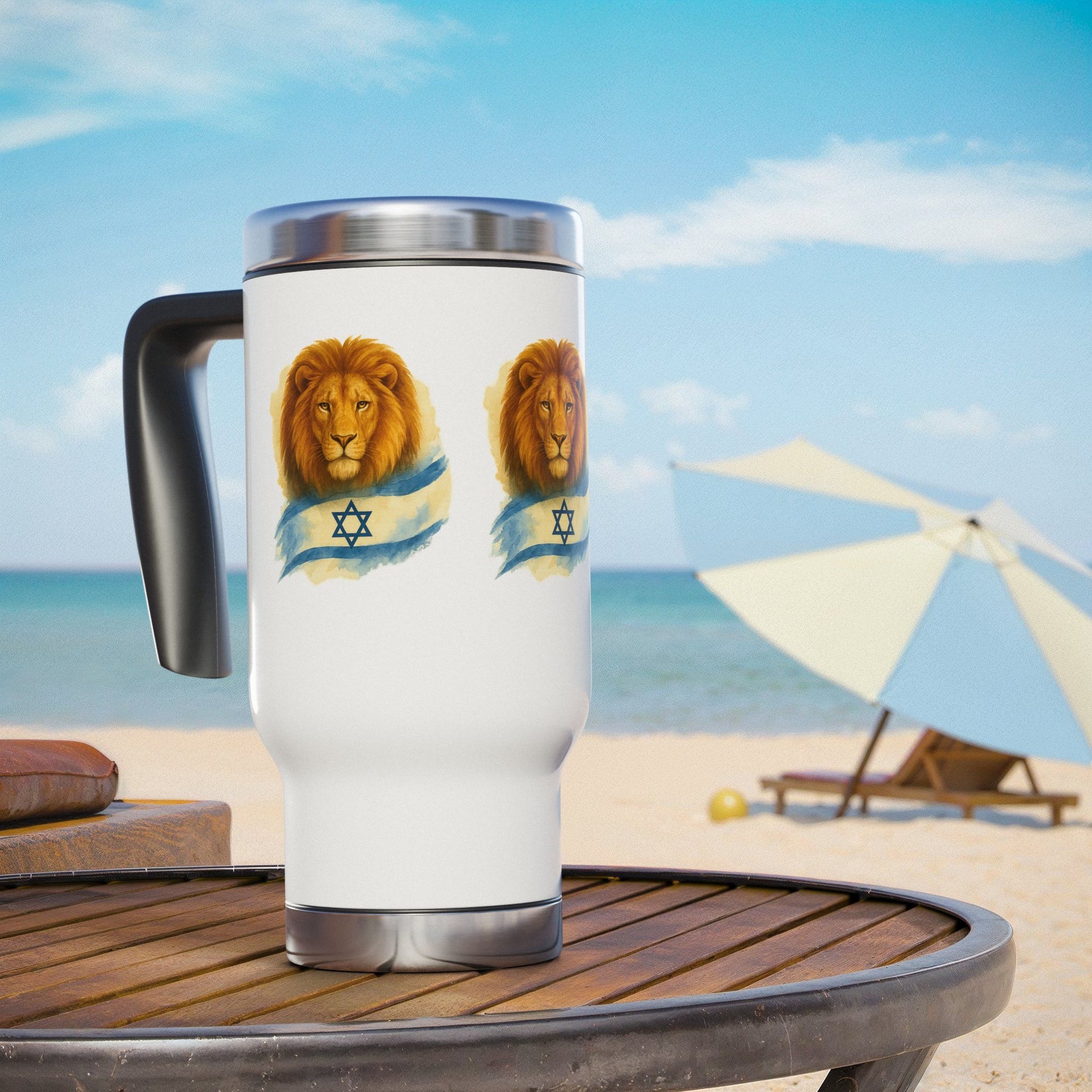 Lion Of Israel Stainless Steel Travel Mug with Handle, 14oz - American Zionist