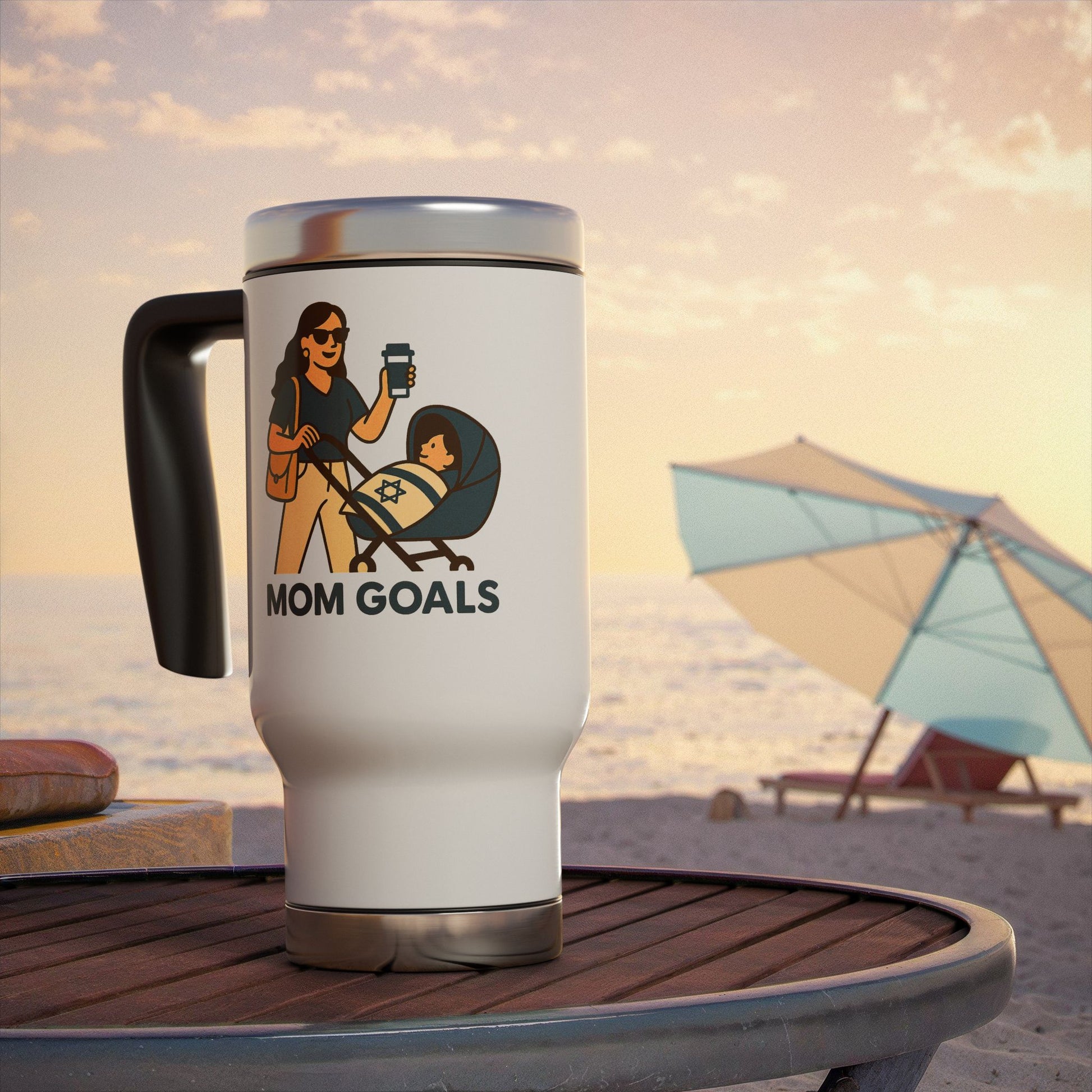 Mom Goals Stainless Steel Travel Mug with Handle, 14oz - American Zionist