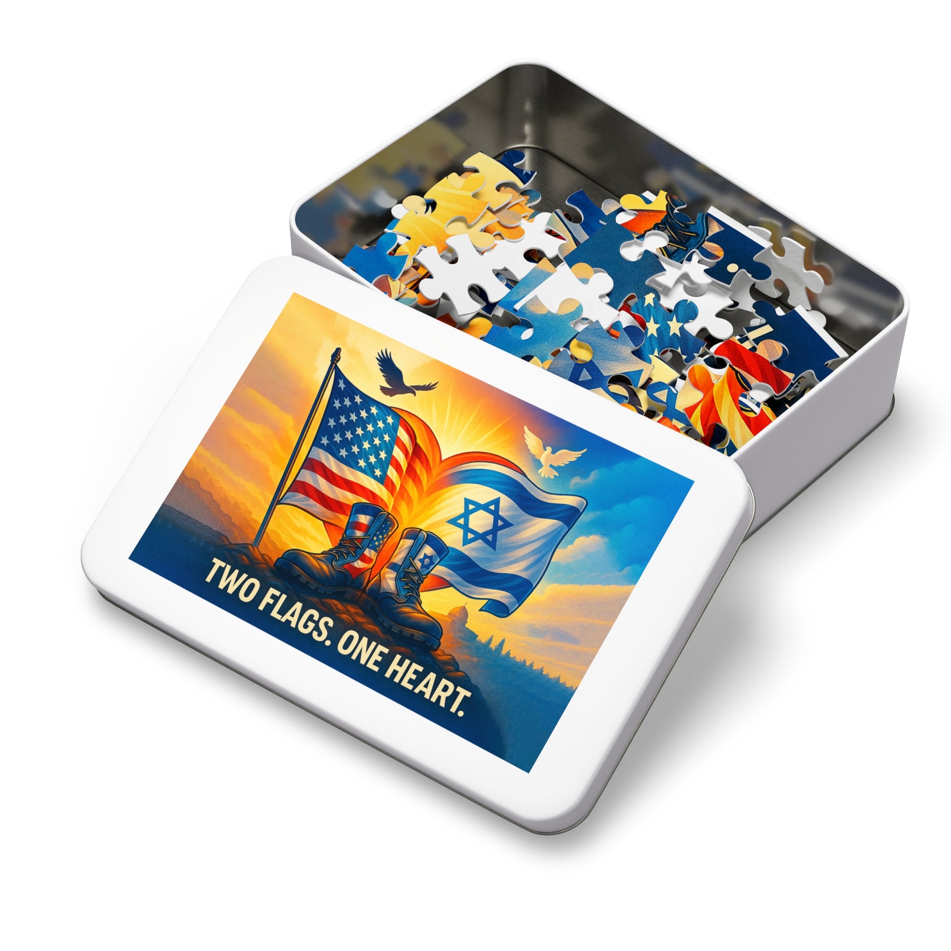Two Flags One Heart Jigsaw Puzzle with Tin - American Zionist