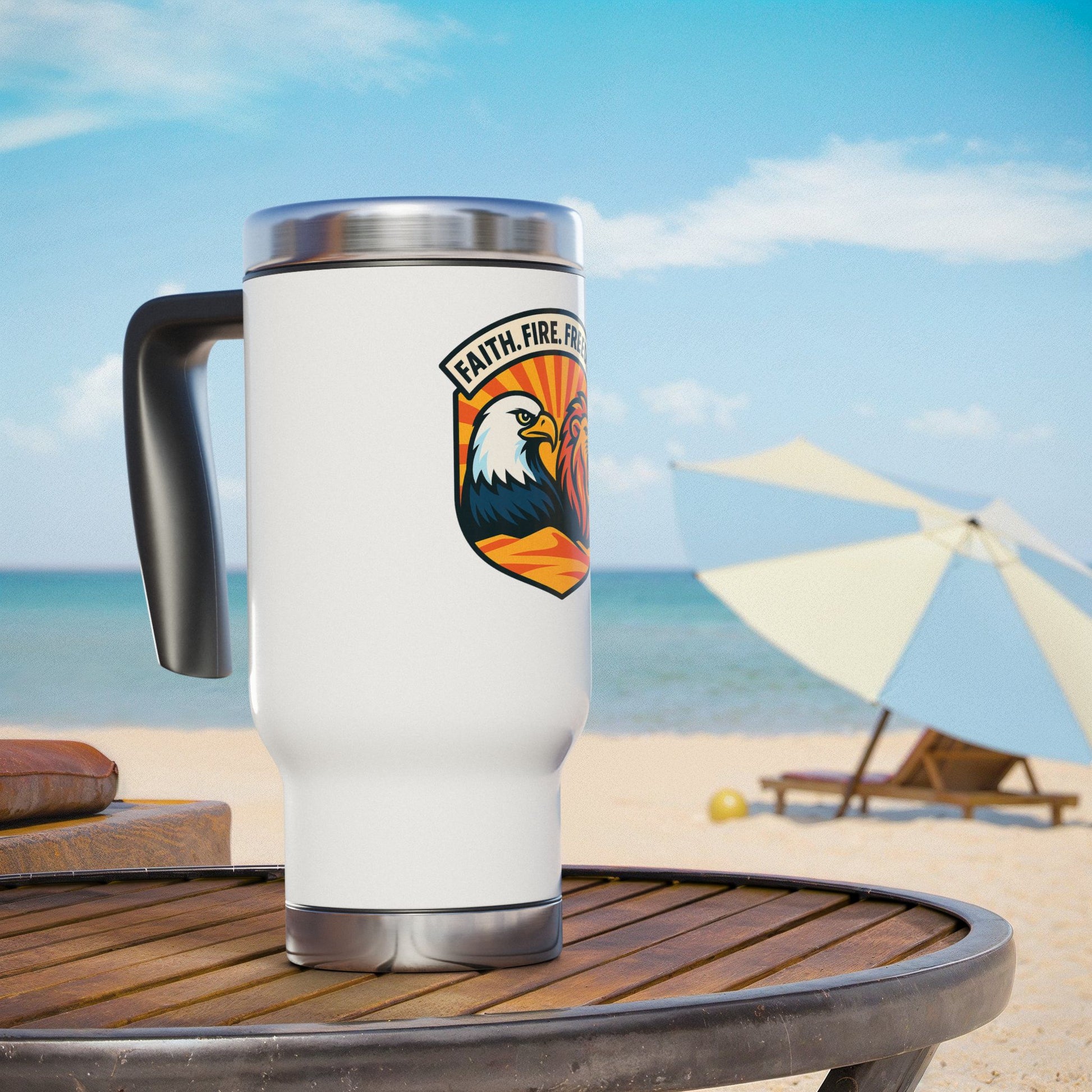 Lions Eagles Rise Stainless Steel Travel Mug with Handle, 14oz - American Zionist