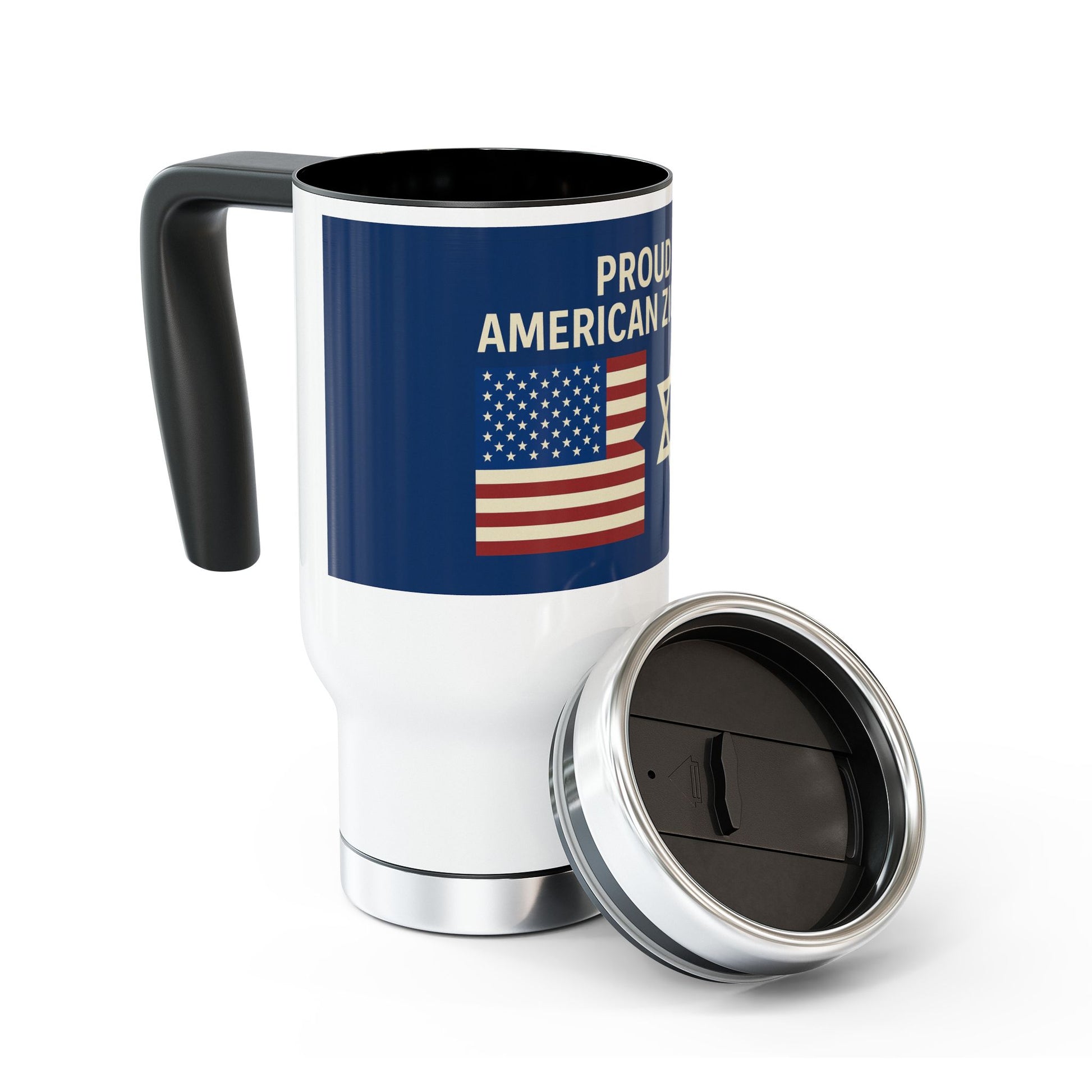 Blue Proud American Zionist Stainless Steel Travel Mug with Handle, 14oz - American Zionist