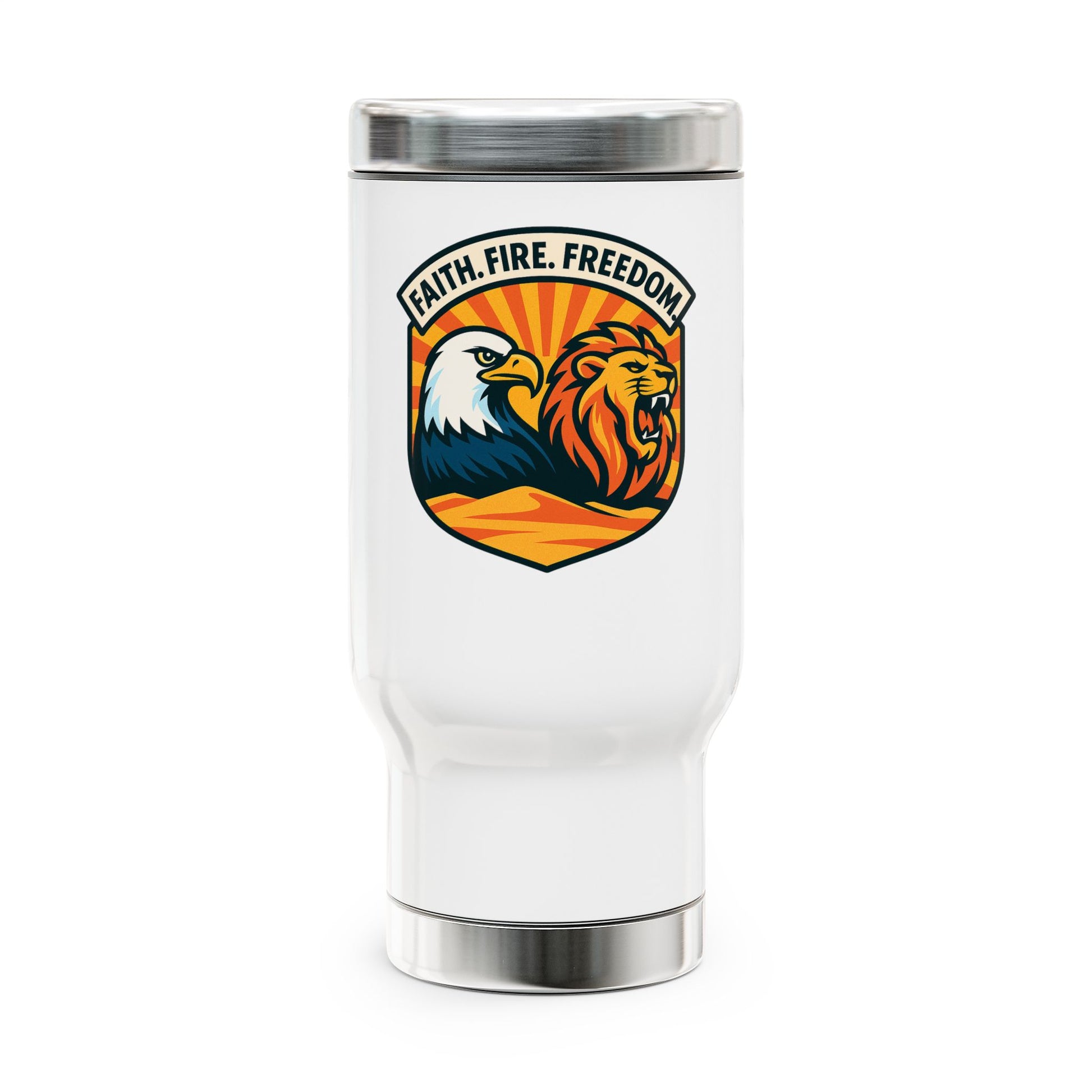 Lions Eagles Rise Stainless Steel Travel Mug with Handle, 14oz - American Zionist