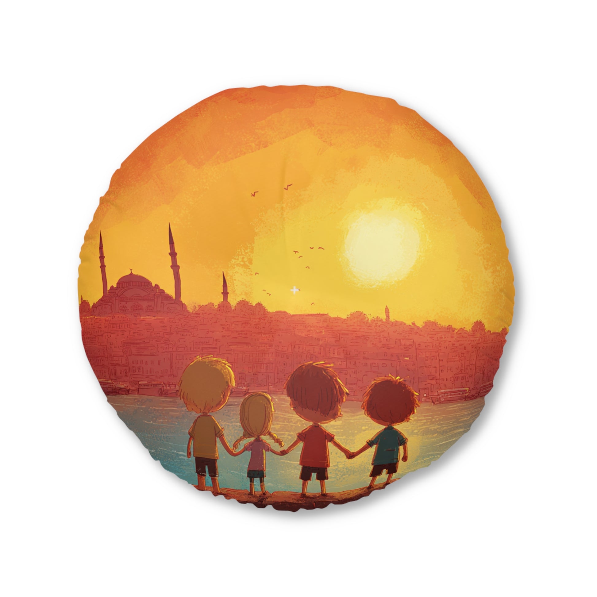 Jewish Kids Over Sunset Tufted Floor Pillow, Round - American Zionist