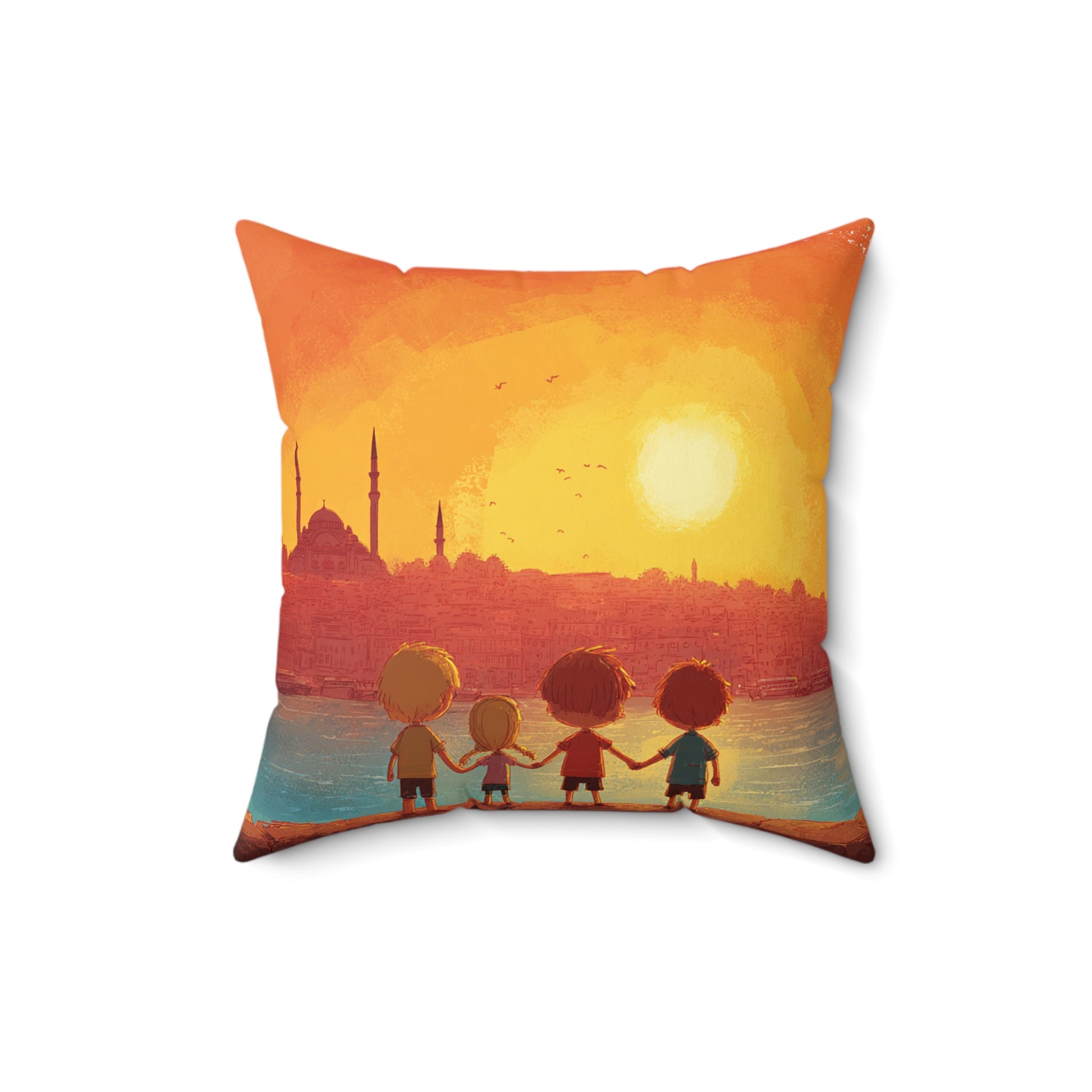 Jewish Kids Over Sunset Spun Polyester Square Pillow - American Zionist