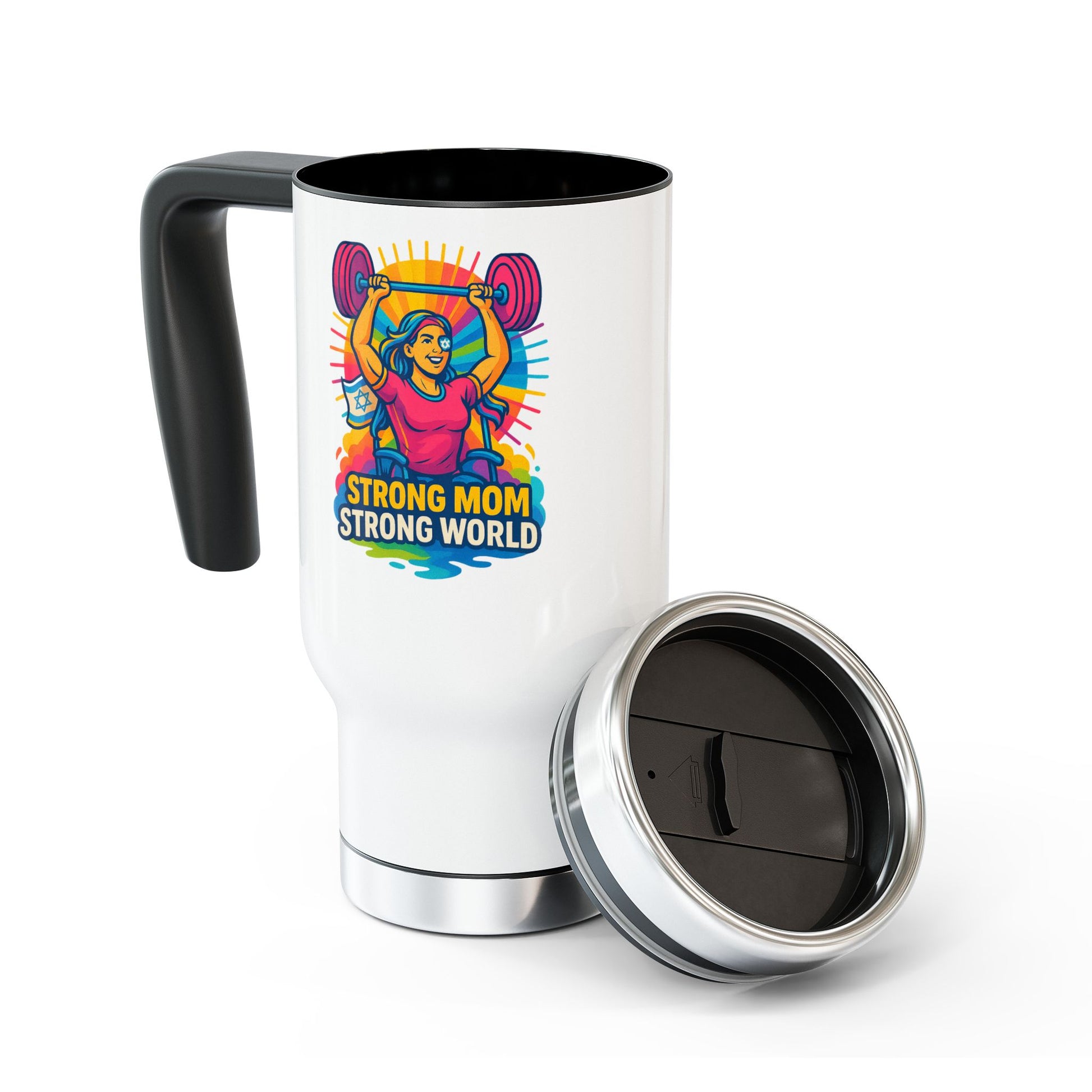 Strong Mom Stainless Steel Travel Mug with Handle, 14oz - American Zionist