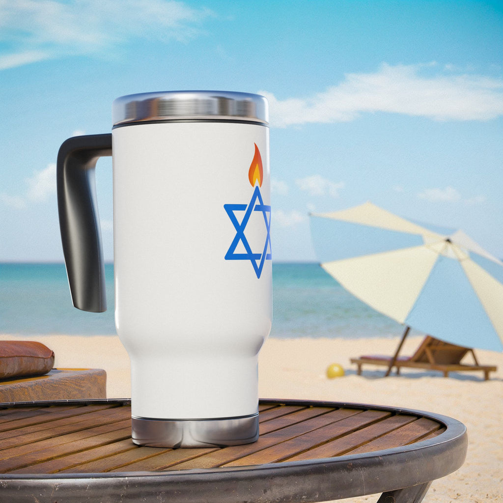 Fire Stars Of David Stainless Steel Travel Mug with Handle, 14oz - American Zionist