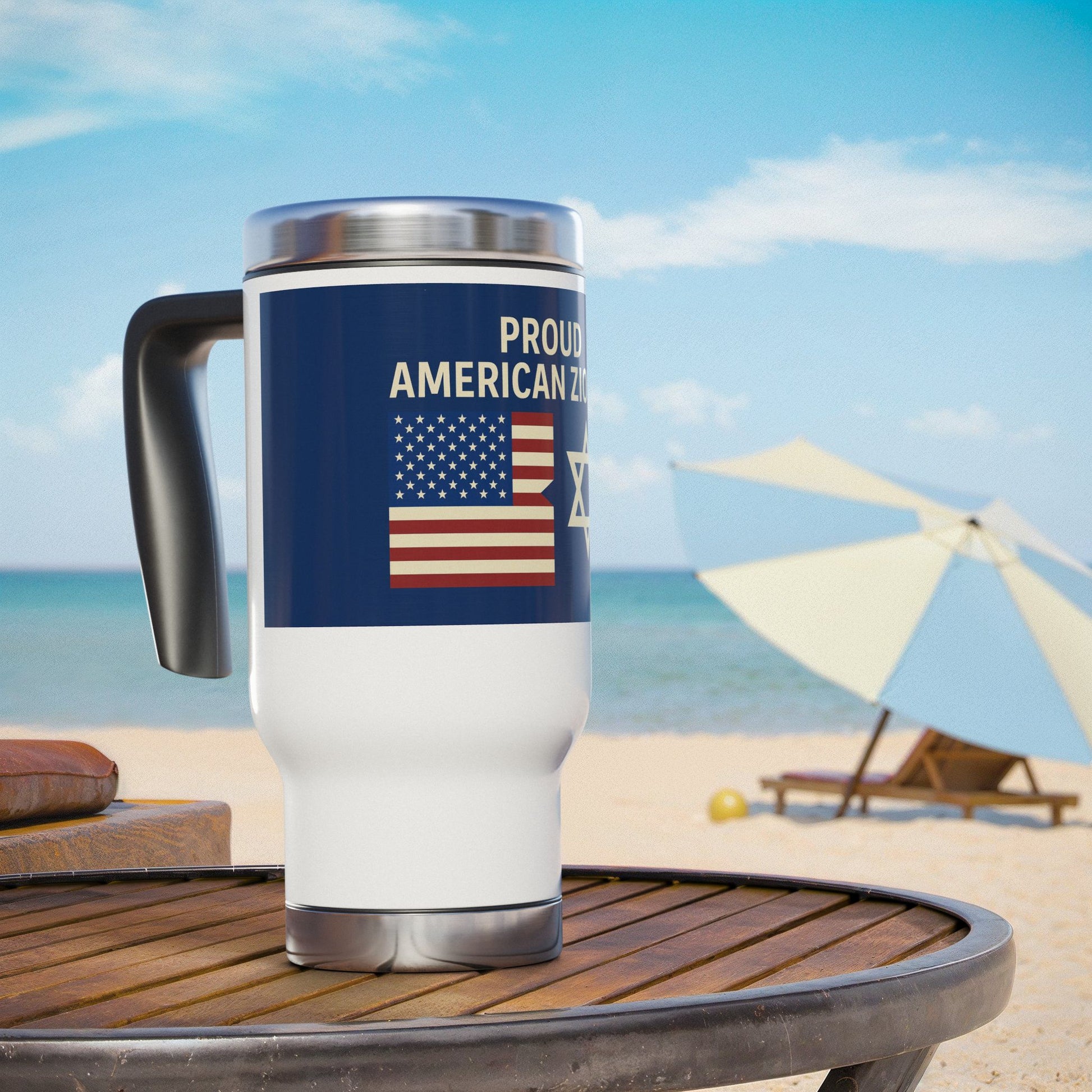 Blue Proud American Zionist Stainless Steel Travel Mug with Handle, 14oz - American Zionist