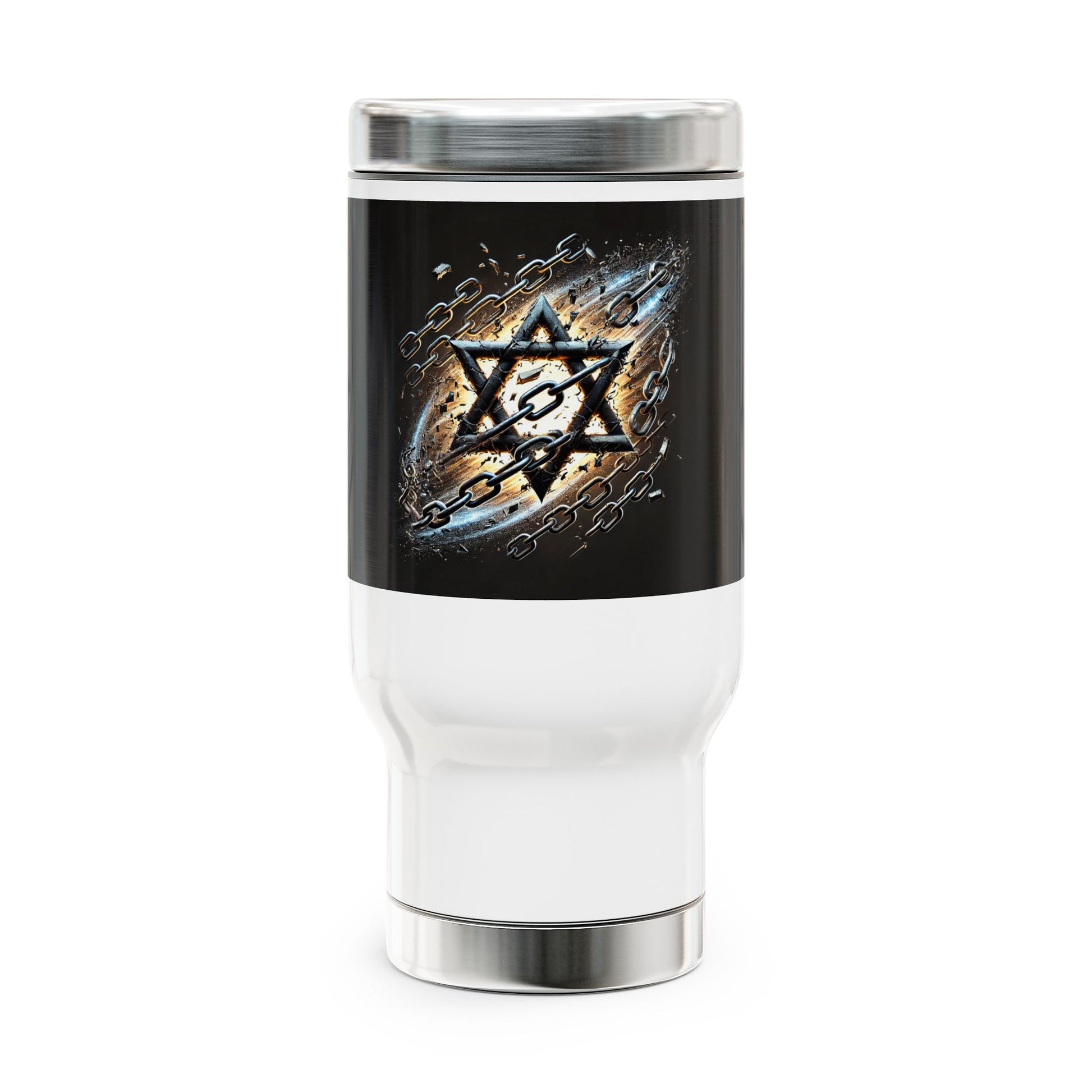 Galaxy Star of David Stainless Steel Travel Mug with Handle, 14oz - American Zionist