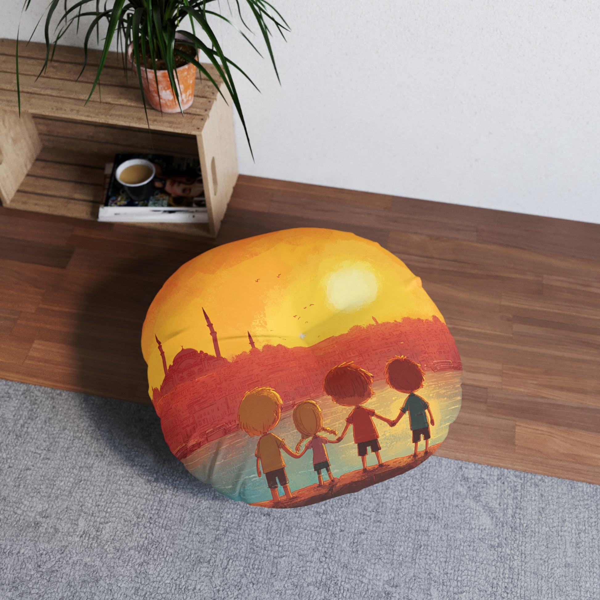 Jewish Kids Over Sunset Tufted Floor Pillow, Round - American Zionist