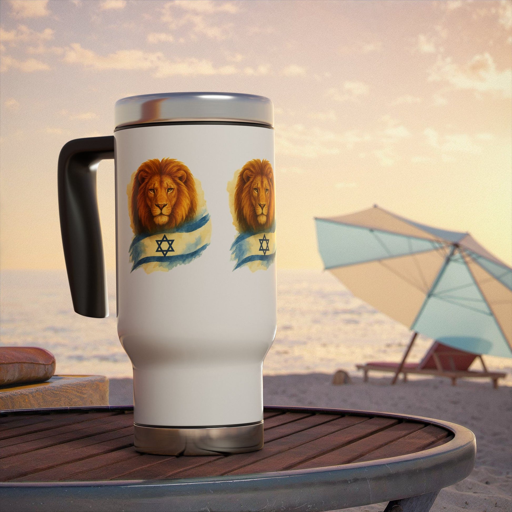 Lion Of Israel Stainless Steel Travel Mug with Handle, 14oz - American Zionist