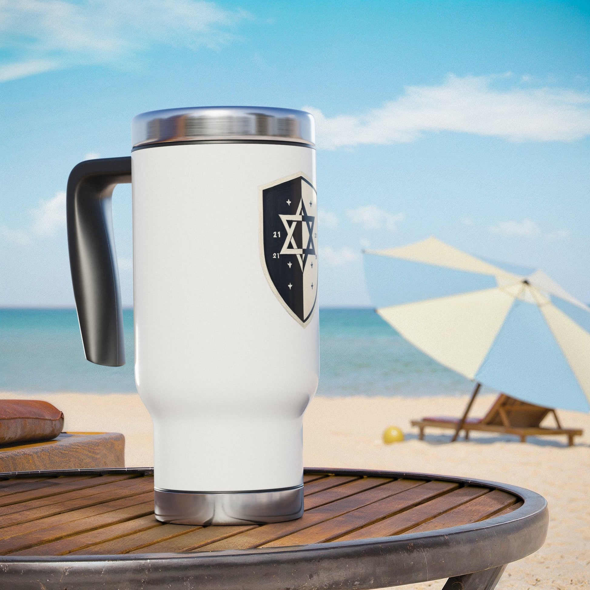 Black and White Shield Stainless Steel Travel Mug with Handle, 14oz - American Zionist