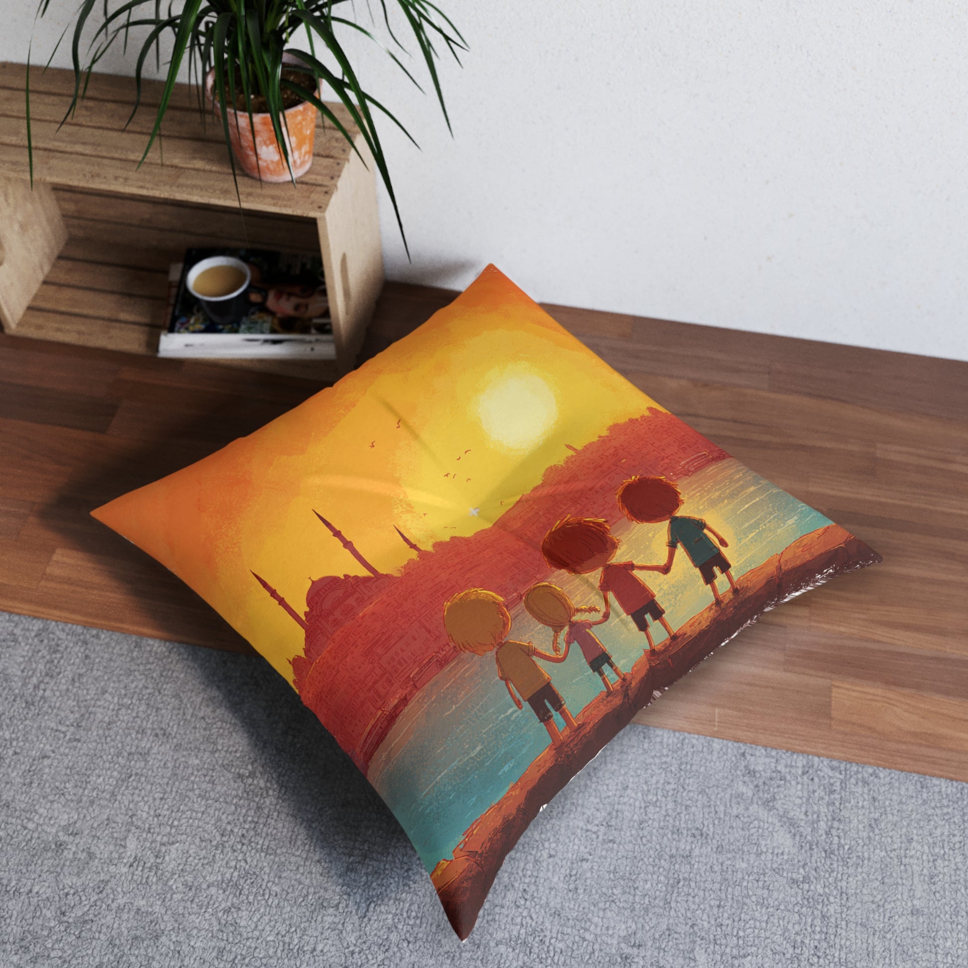 Jewish Kids Over Sunset Tufted Floor Pillow, Square - American Zionist