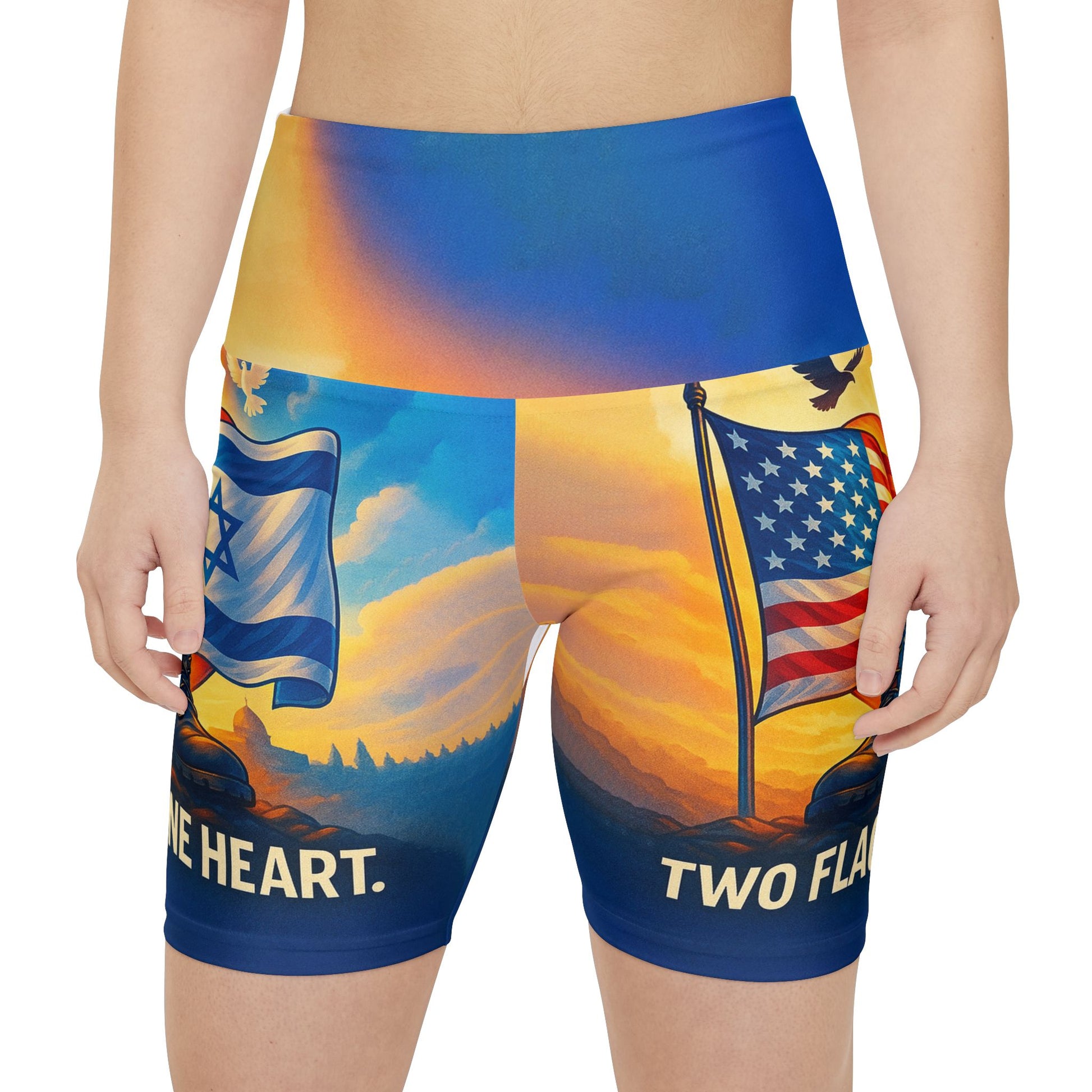 Two Flags One Heart Women's Workout Shorts (AOP) - American Zionist