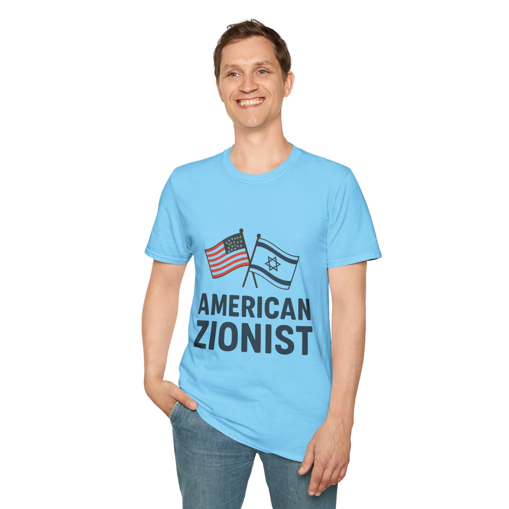 American Zionist: Two Flags Unisex Softstyle T-Shirt - American Zionist