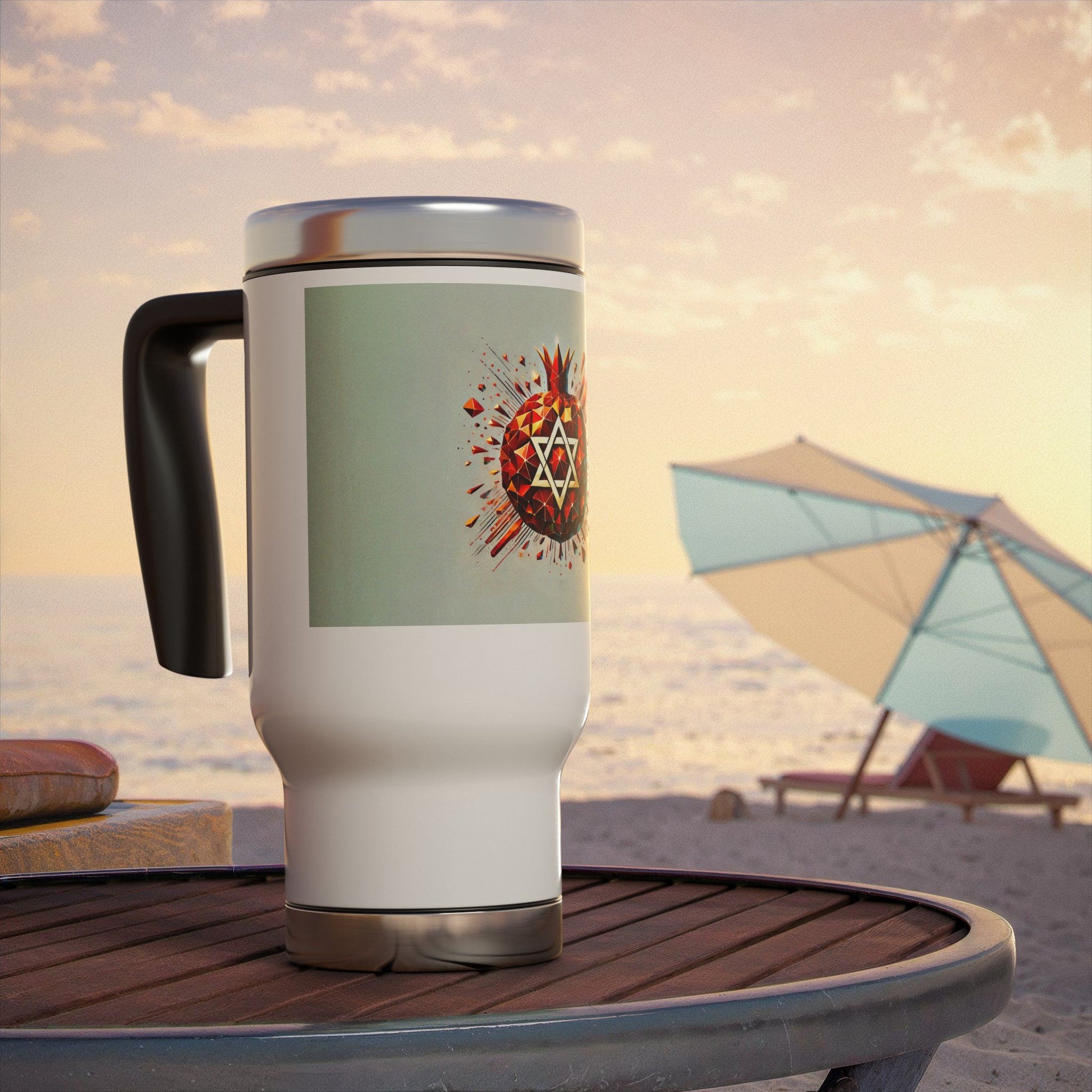 Pomegranate Star of David Stainless Steel Travel Mug with Handle, 14oz - American Zionist