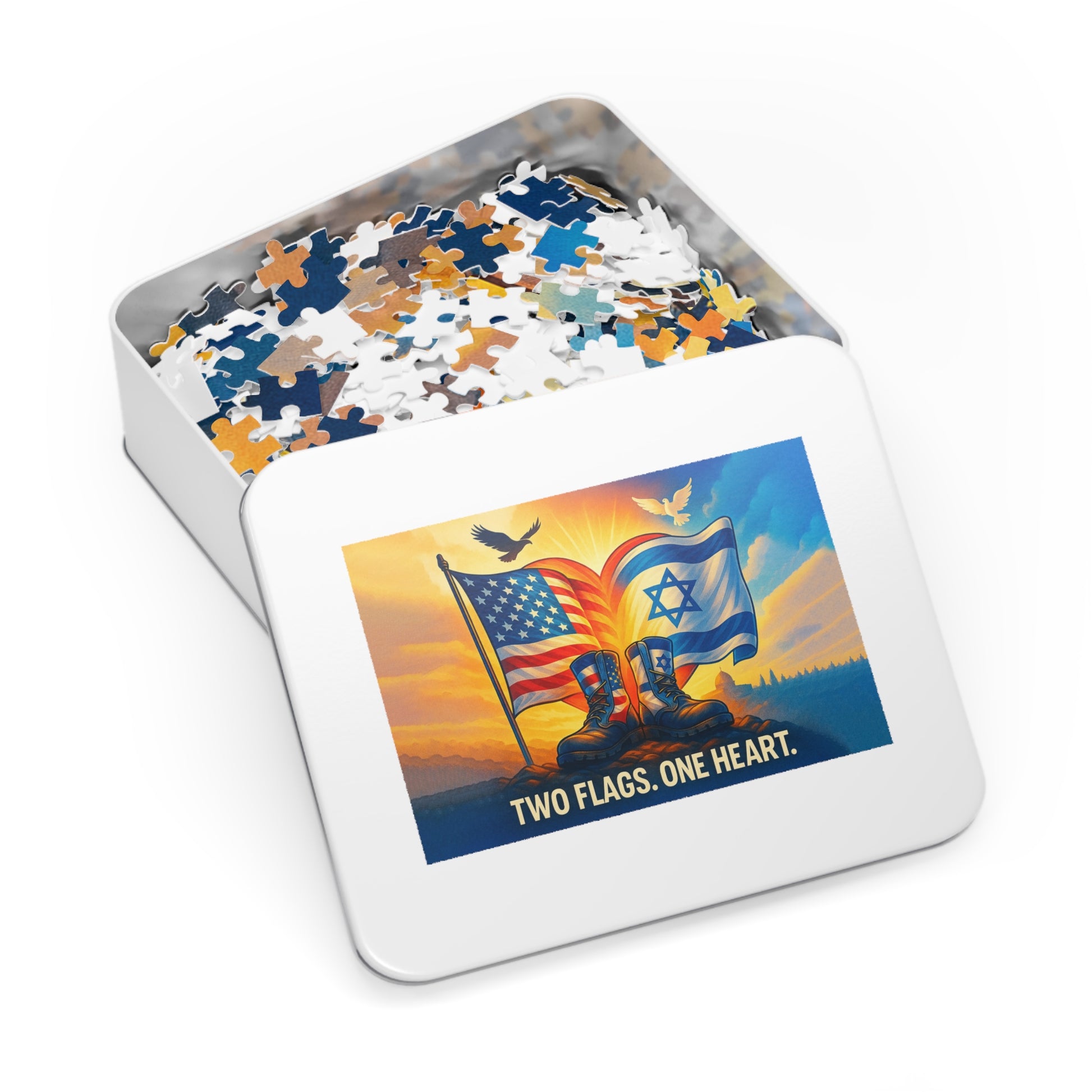 Two Flags One Heart Jigsaw Puzzle with Tin - American Zionist